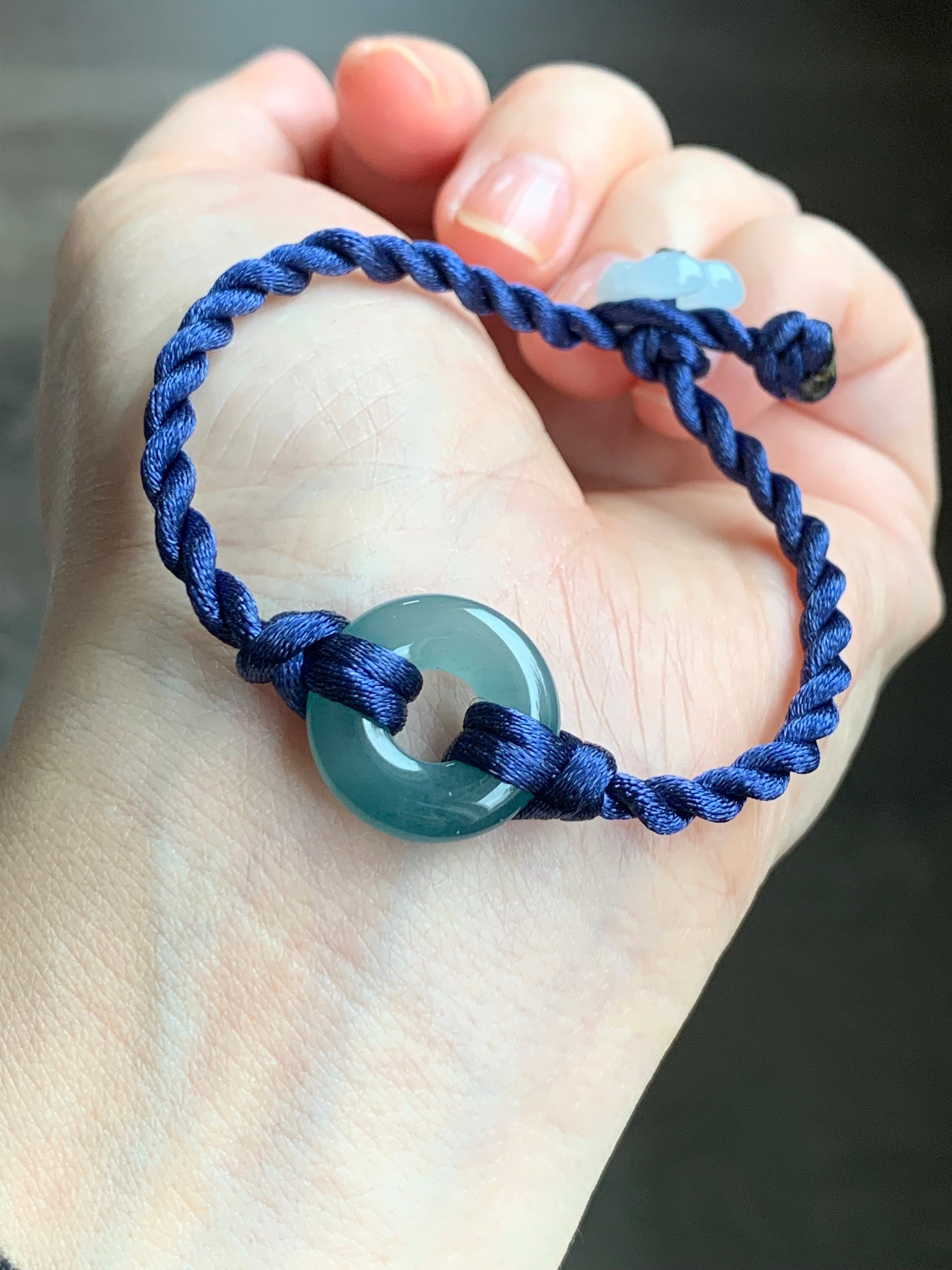 Natural Guatemalan Icy Translucent Teal Blue Jadeite Ping An Kou Donut Ring & Cherry Blossom Button Rope Bracelet 7" 天然冰危蓝水翡翠平安扣梅花手绳