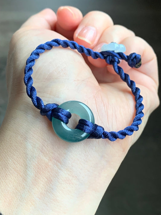 Natural Guatemalan Icy Translucent Teal Blue Jadeite Ping An Kou Donut Ring & Cherry Blossom Button Rope Bracelet 7" 天然冰危蓝水翡翠平安扣梅花手绳