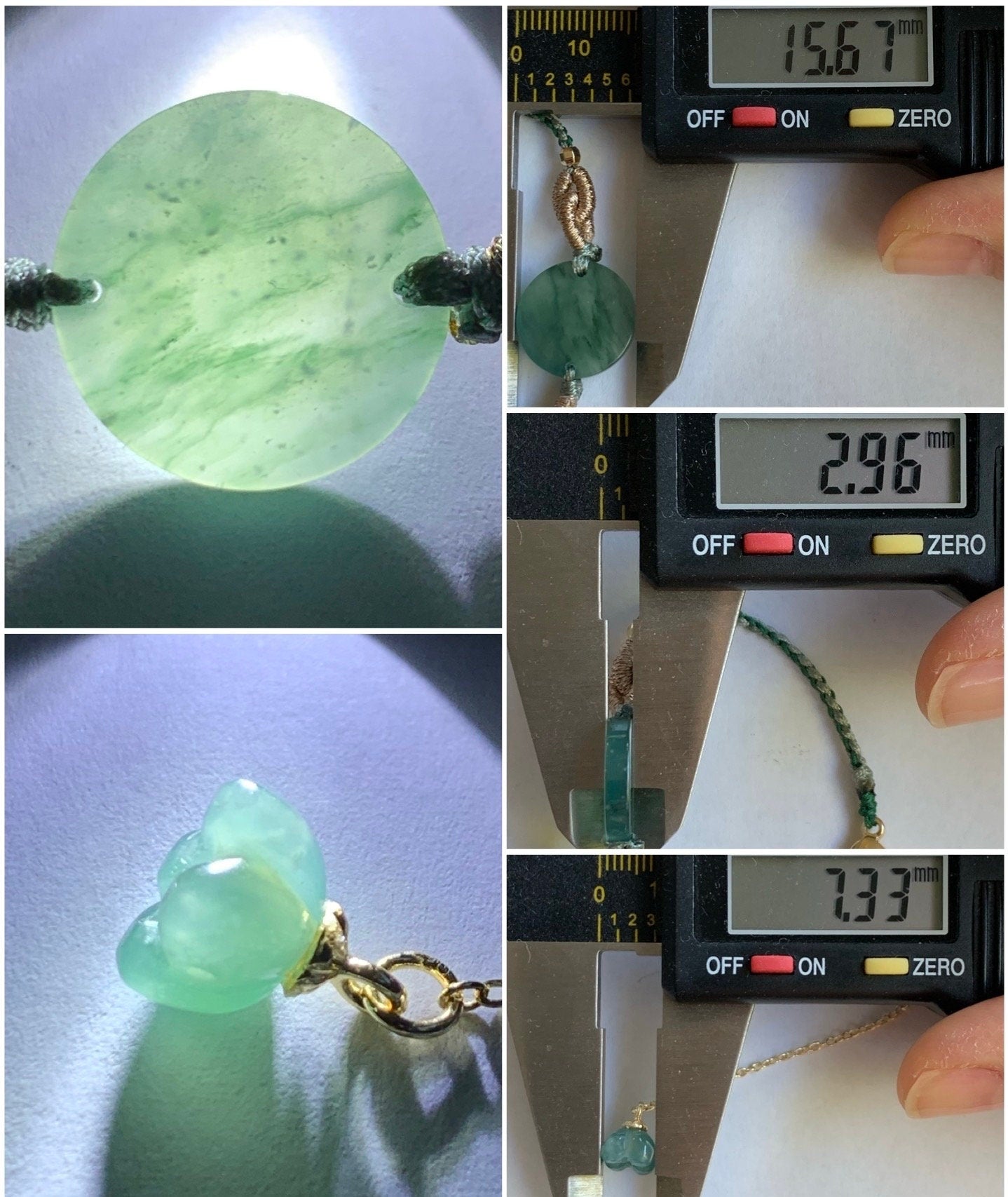 Natural Guatemalan Icy Highly Translucent Teal Blue Marbled Jadeite Disc Wu Shi Pai Rope Bracelet 6" Adjustable Gold Plated 天然冰危蓝飘花翡翠无事牌包金手绳