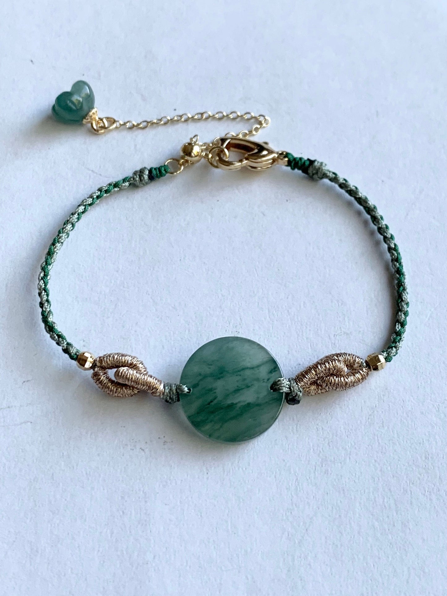 Natural Guatemalan Icy Highly Translucent Teal Blue Marbled Jadeite Disc Wu Shi Pai Rope Bracelet 6" Adjustable Gold Plated 天然冰危蓝飘花翡翠无事牌包金手绳