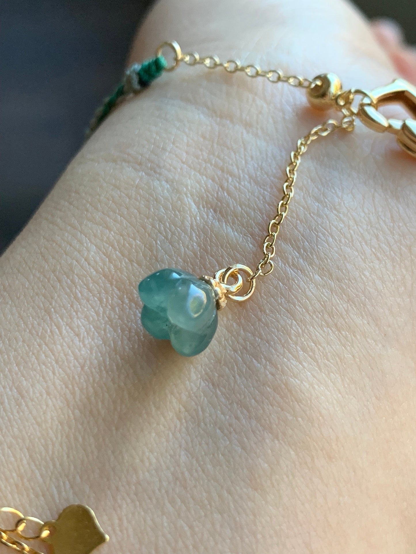 Natural Guatemalan Icy Highly Translucent Teal Blue Marbled Jadeite Disc Wu Shi Pai Rope Bracelet 6" Adjustable Gold Plated 天然冰危蓝飘花翡翠无事牌包金手绳