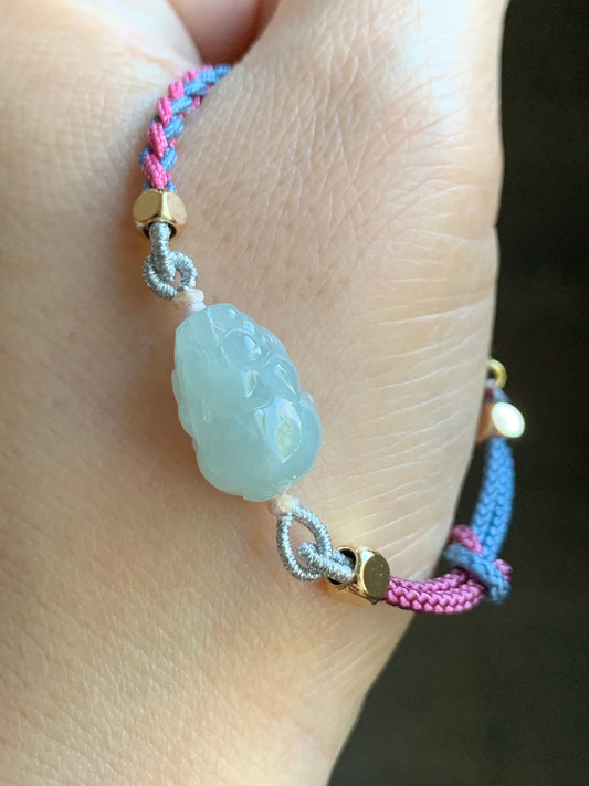 Natural Burmese Icy Translucent Gelatinous Pale Blue Jadeite Pixiu Rope Bracelet Adjustable 5" to 6.75" 天然缅甸冰胶淡蓝翡翠貔貅手绳