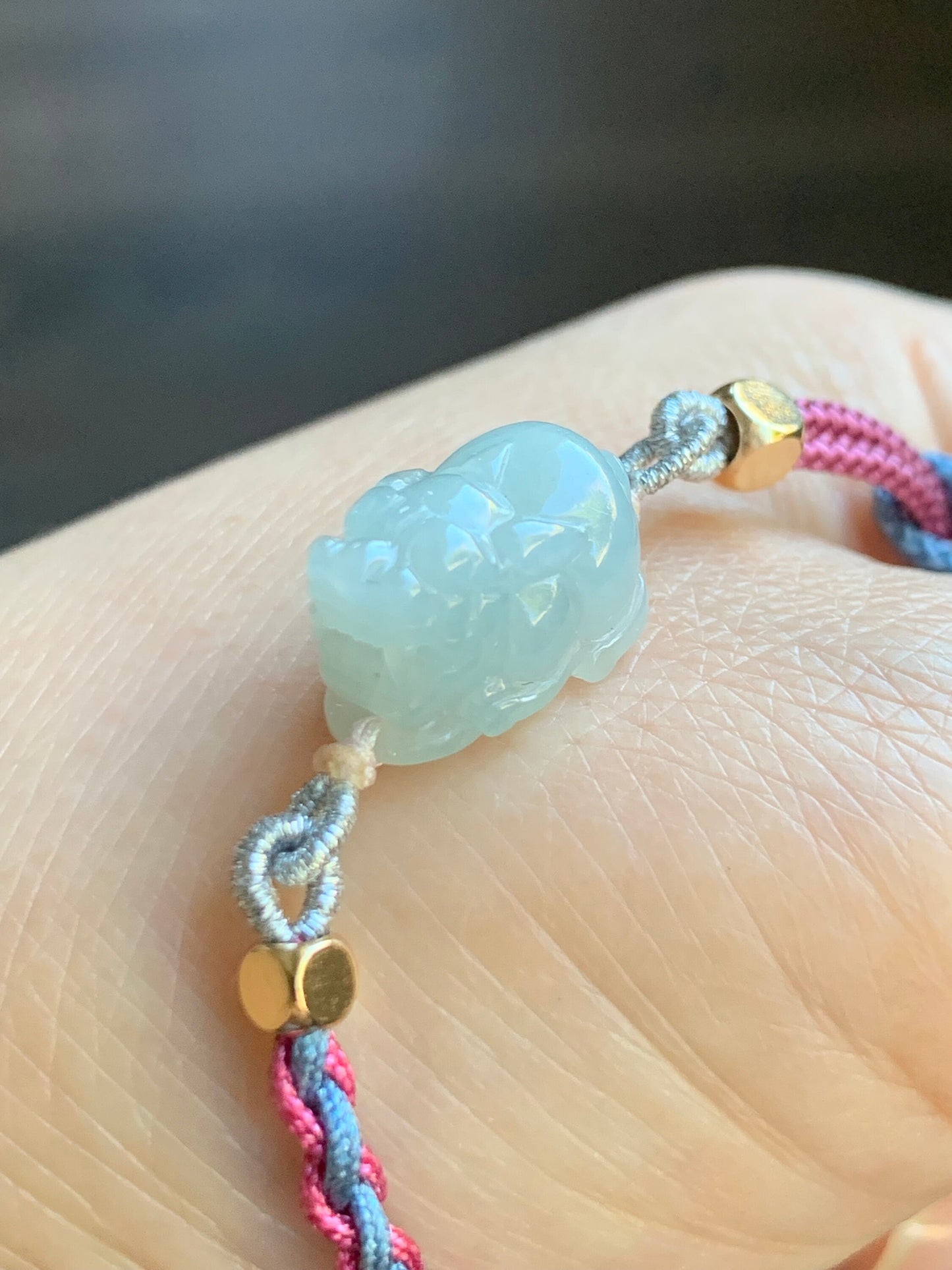 Natural Burmese Icy Translucent Gelatinous Pale Blue Jadeite Pixiu Rope Bracelet Adjustable 5" to 6.75" 天然缅甸冰胶淡蓝翡翠貔貅手绳