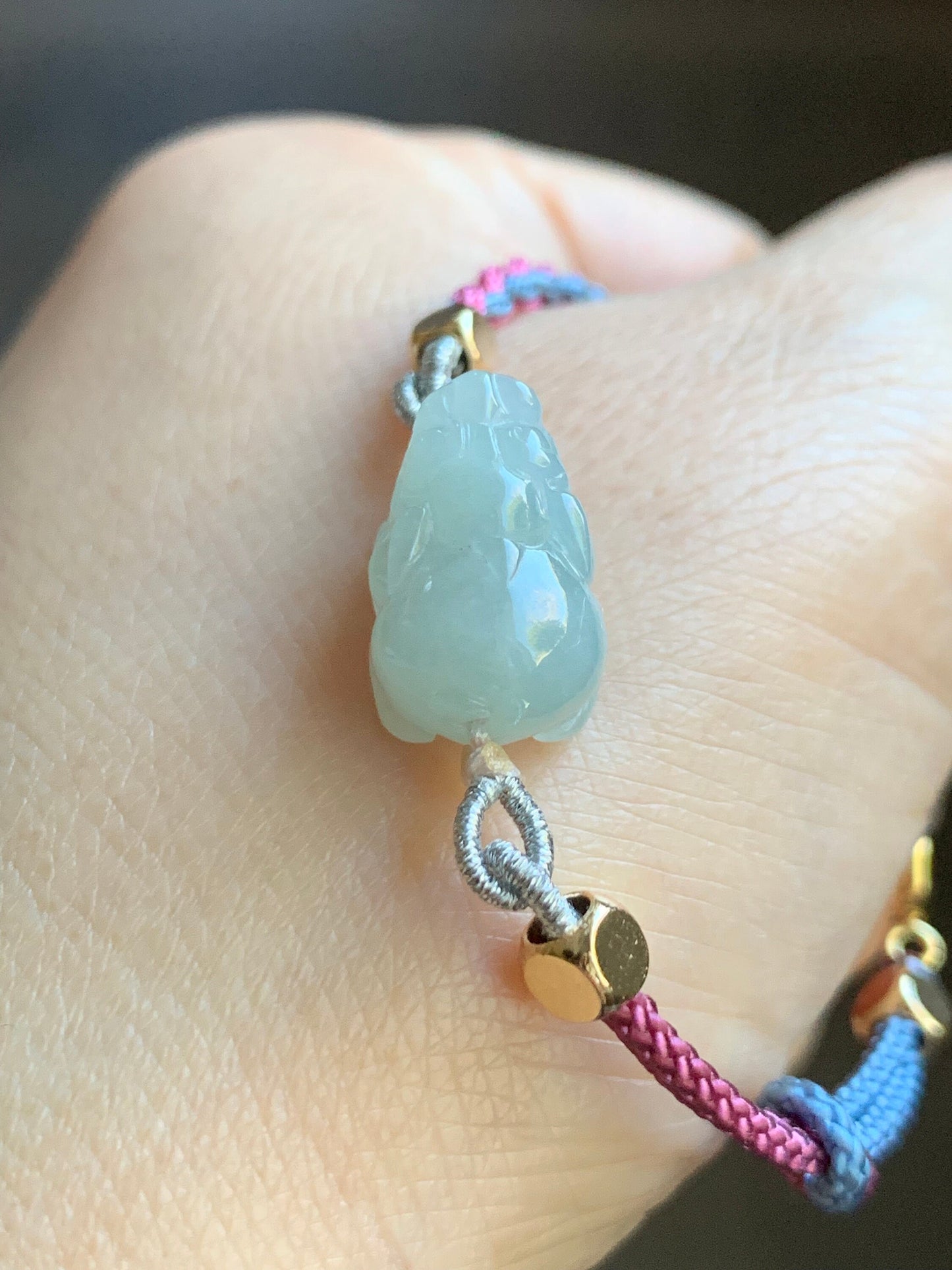 Natural Burmese Icy Translucent Gelatinous Pale Blue Jadeite Pixiu Rope Bracelet Adjustable 5" to 6.75" 天然缅甸冰胶淡蓝翡翠貔貅手绳