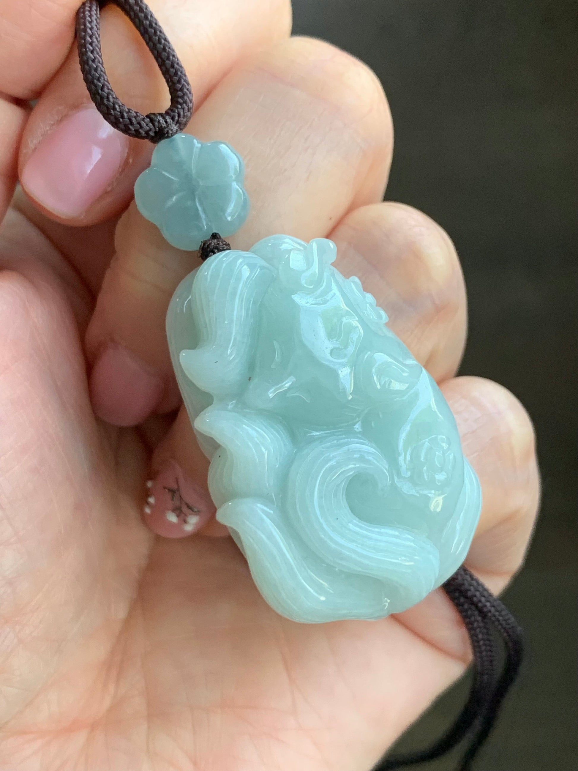 LARGE Natural Burmese Translucent Light Blue Jadeite 3D Carved Sleeping Nine-Tailed Fox Pendant Rope Necklace 25” 28g 天然缅甸糯冰浅蓝翡翠九尾睡狐吊坠