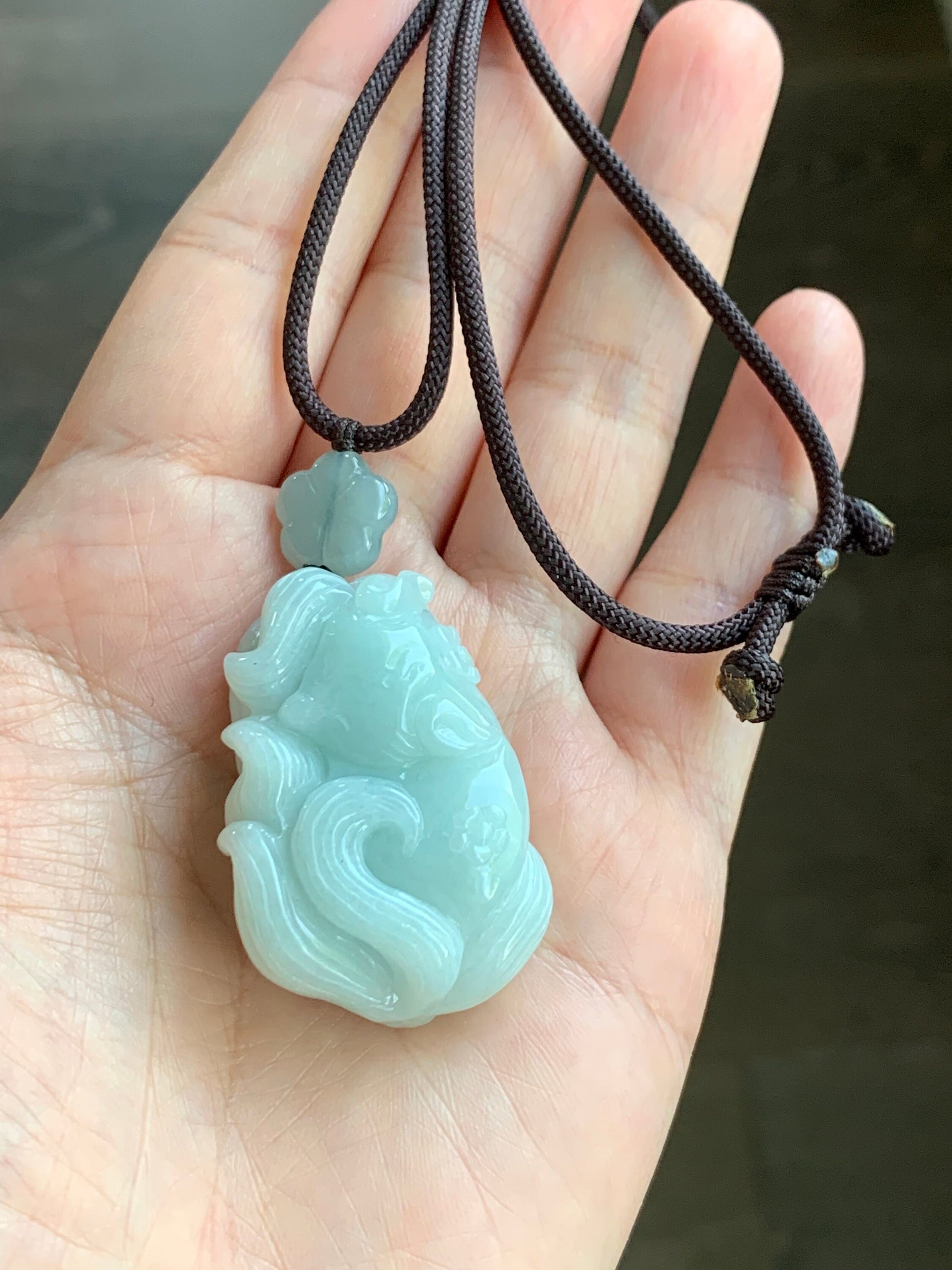 LARGE Natural Burmese Translucent Light Blue Jadeite 3D Carved Sleeping Nine-Tailed Fox Pendant Rope Necklace 25” 28g 天然缅甸糯冰浅蓝翡翠九尾睡狐吊坠