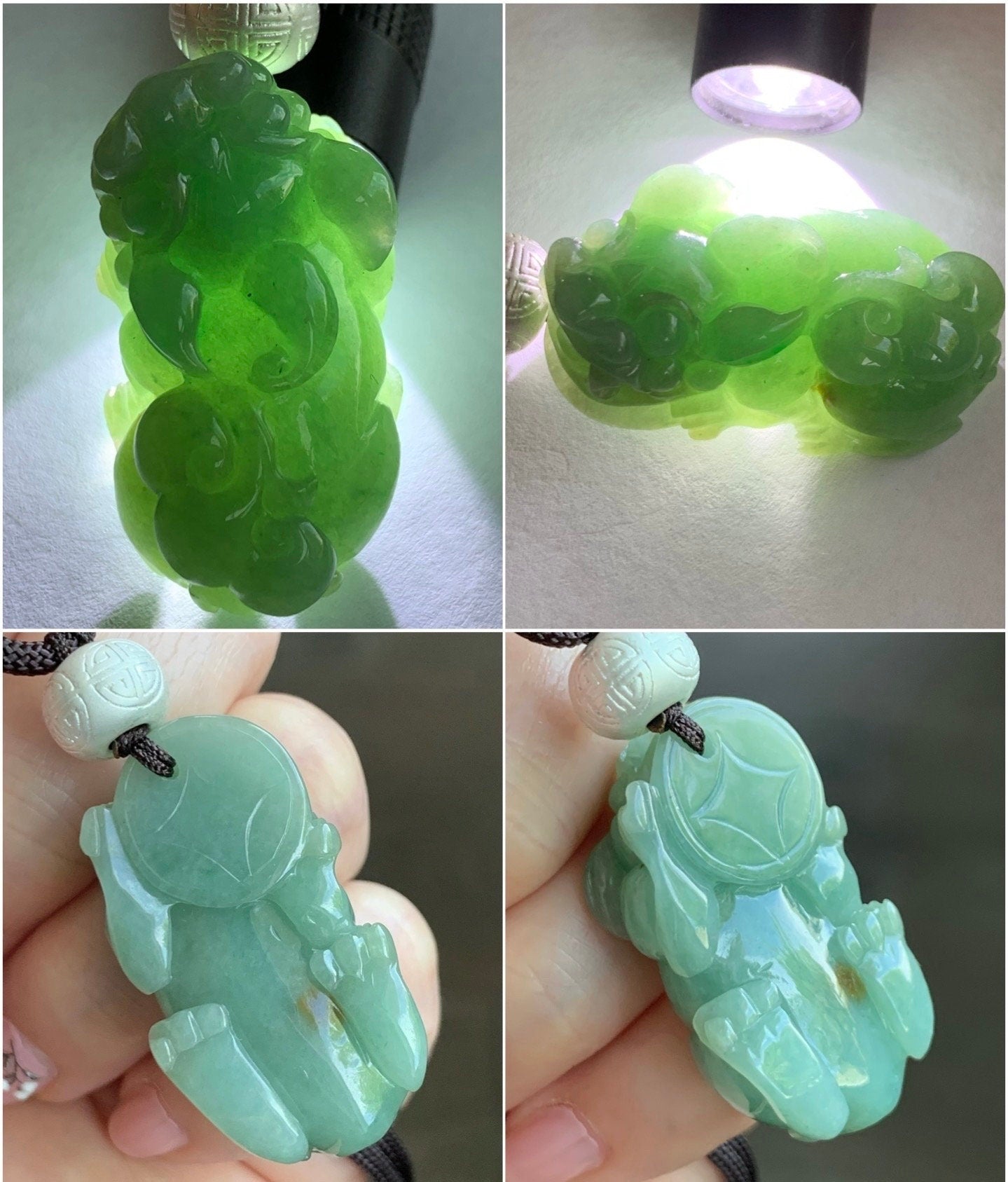 Large Natural Burmese Icy Translucent Light Green Jadeite Pixiu Pendant 999 Sterling Silver Bead Rope Necklace 25” 21g 天然缅甸糯冰绿翡翠貔貅足银顶珠吊坠项链