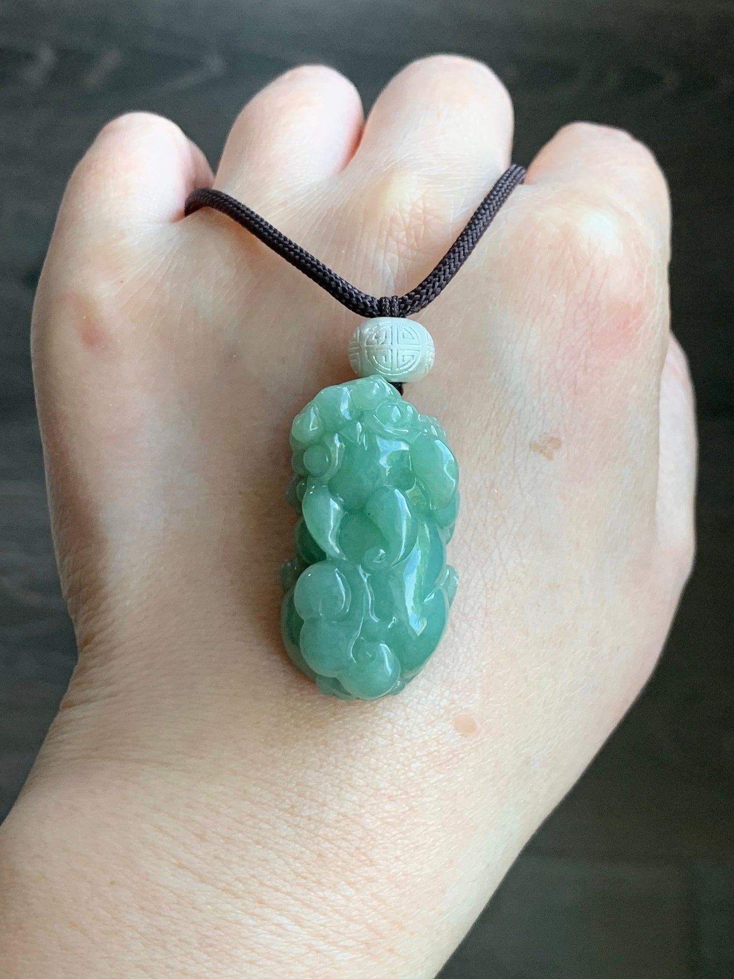 Large Natural Burmese Icy Translucent Light Green Jadeite Pixiu Pendant 999 Sterling Silver Bead Rope Necklace 25” 21g 天然缅甸糯冰绿翡翠貔貅足银顶珠吊坠项链