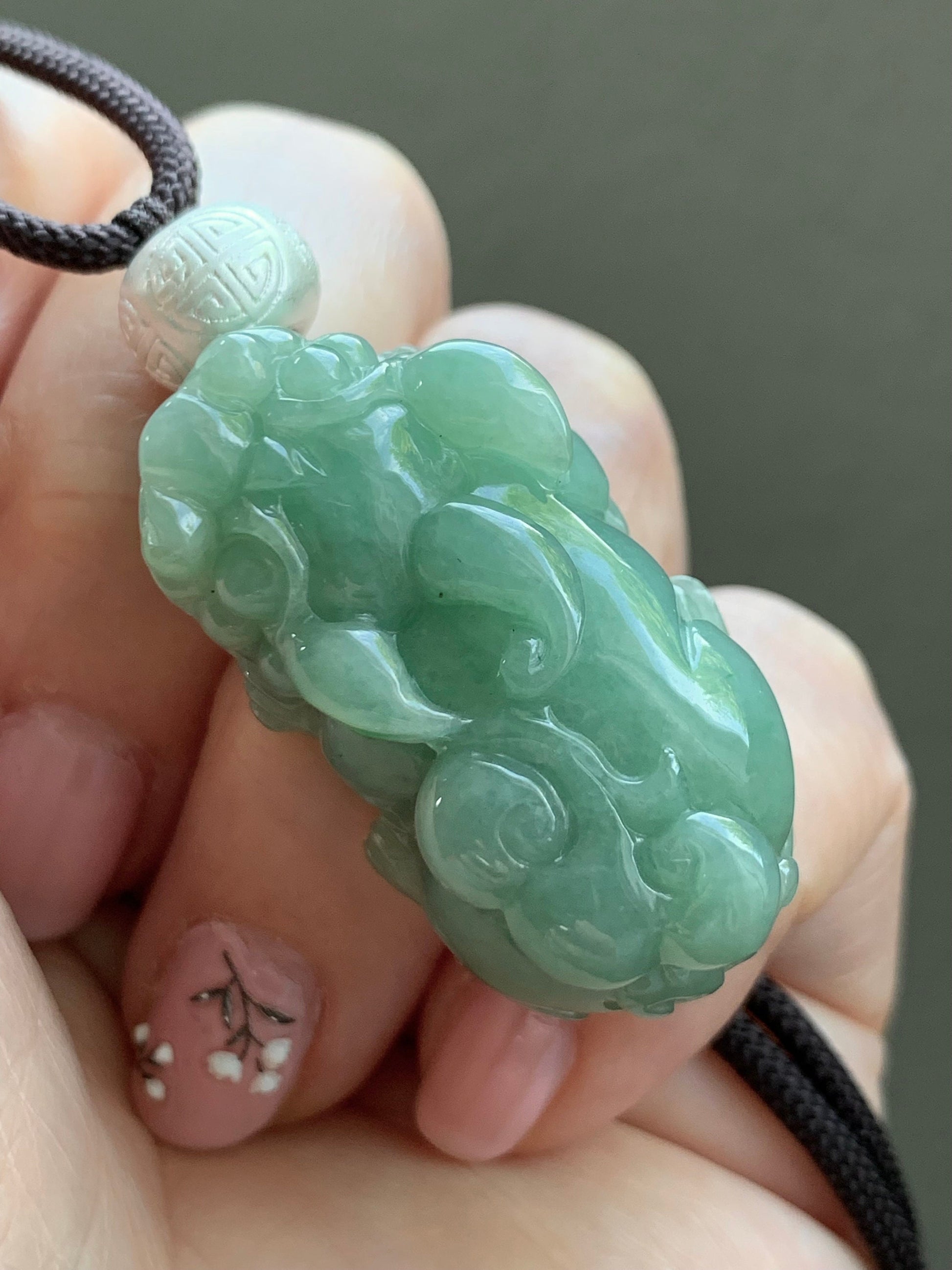 Large Natural Burmese Icy Translucent Light Green Jadeite Pixiu Pendant 999 Sterling Silver Bead Rope Necklace 25” 21g 天然缅甸糯冰绿翡翠貔貅足银顶珠吊坠项链