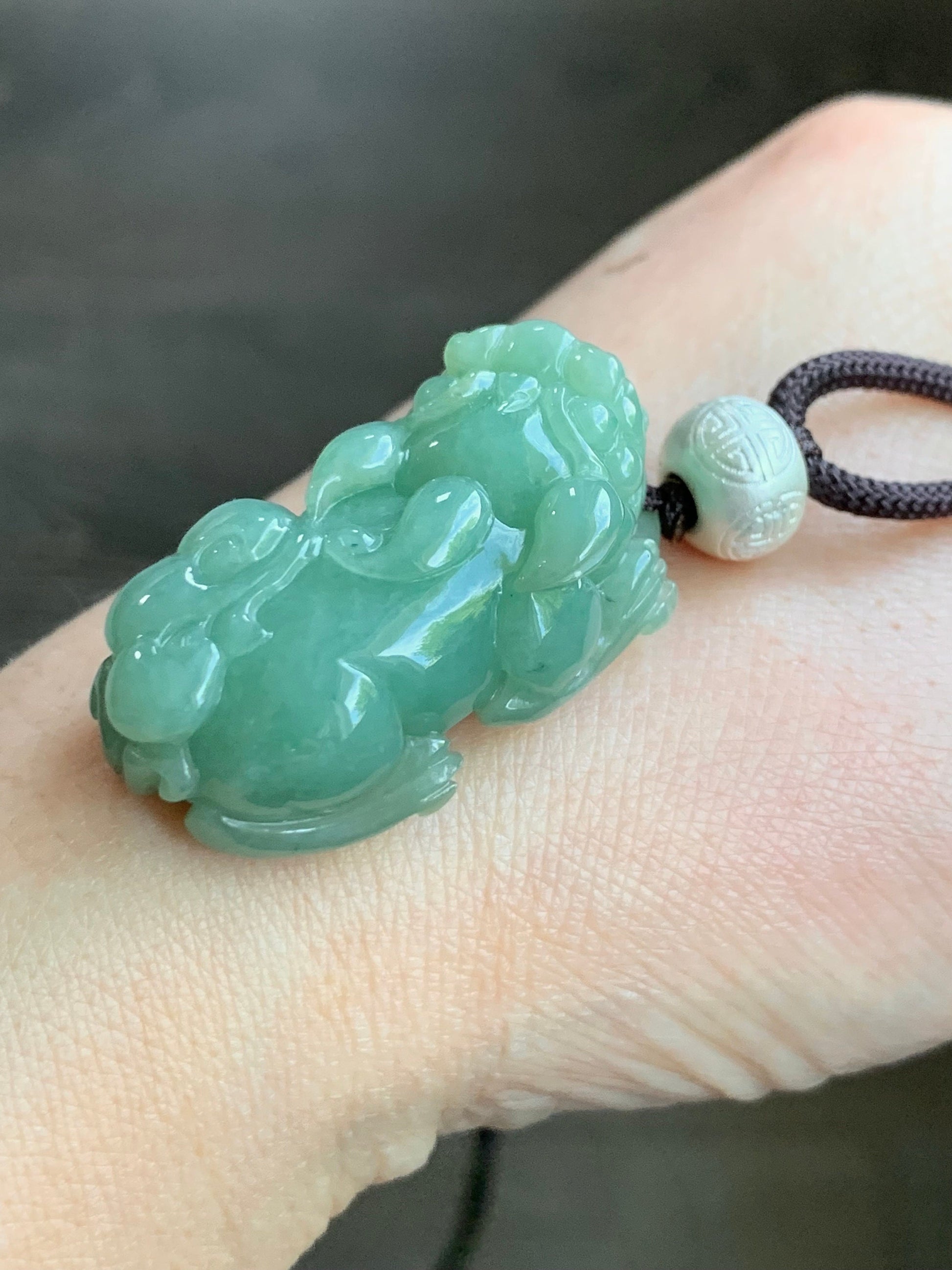 Large Natural Burmese Icy Translucent Light Green Jadeite Pixiu Pendant 999 Sterling Silver Bead Rope Necklace 25” 21g 天然缅甸糯冰绿翡翠貔貅足银顶珠吊坠项链