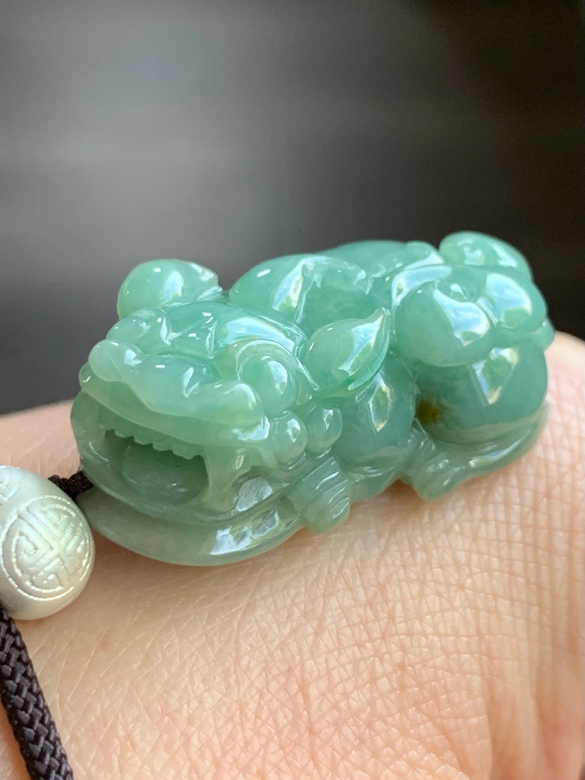 Large Natural Burmese Icy Translucent Light Green Jadeite Pixiu Pendant 999 Sterling Silver Bead Rope Necklace 25” 21g 天然缅甸糯冰绿翡翠貔貅足银顶珠吊坠项链