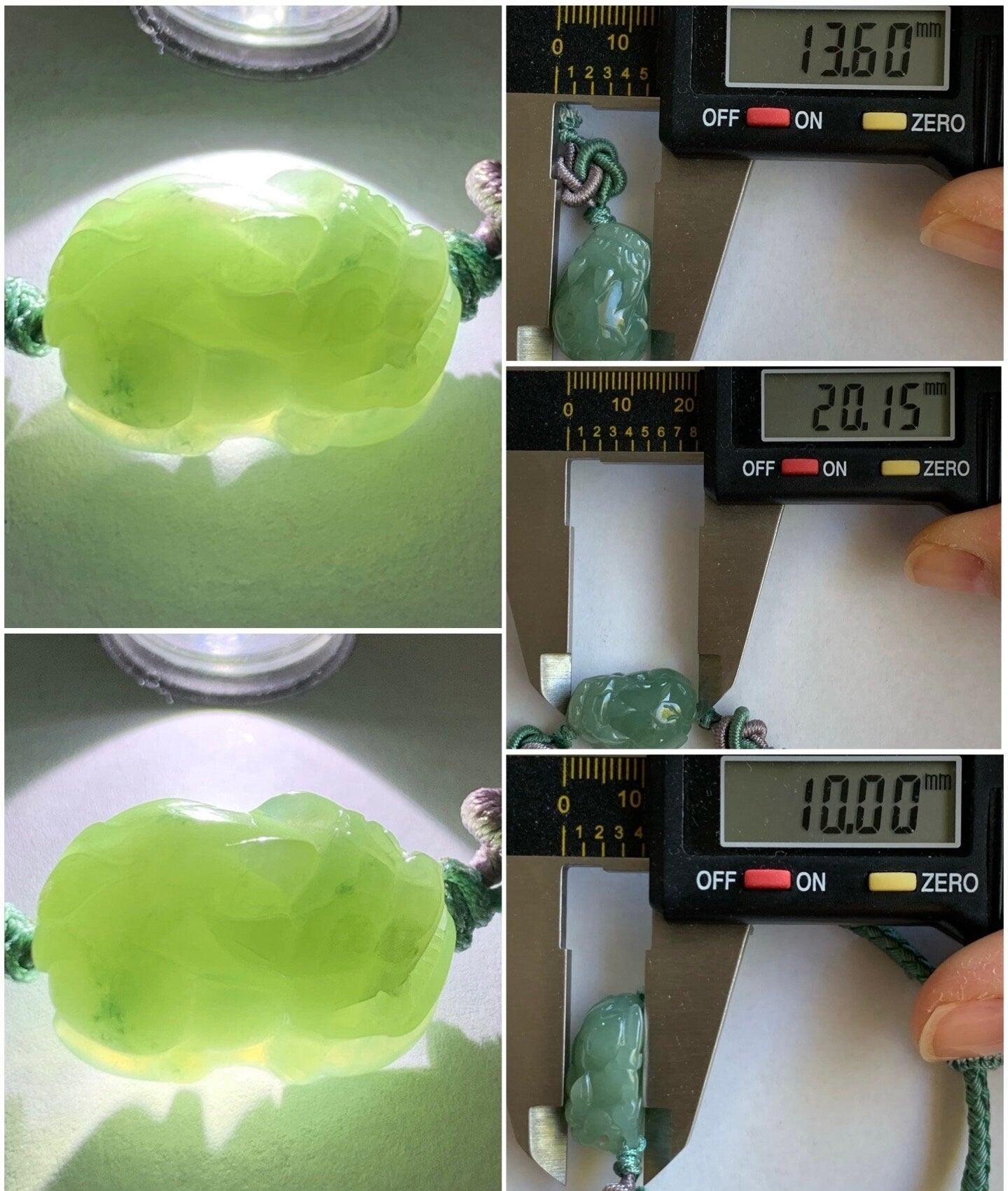 Natural Burmese Icy Translucent Gelatinous Pea Green Colored Jadeite Carved Pixiu Braided Rope Bracelet Adjustable up to 8” 天然缅甸冰胶豆绿翡翠貔貅手绳