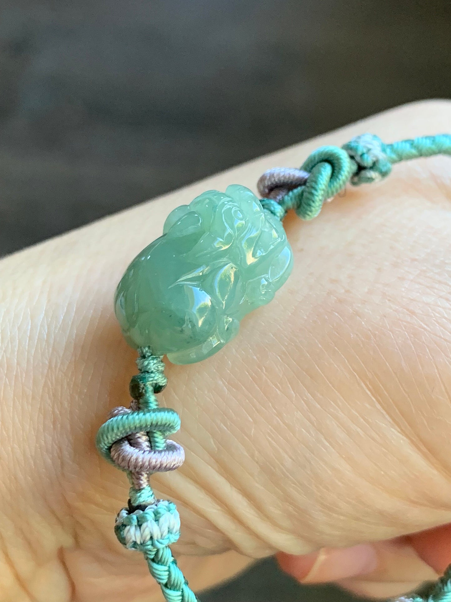 Natural Burmese Icy Translucent Gelatinous Pea Green Colored Jadeite Carved Pixiu Braided Rope Bracelet Adjustable up to 8” 天然缅甸冰胶豆绿翡翠貔貅手绳