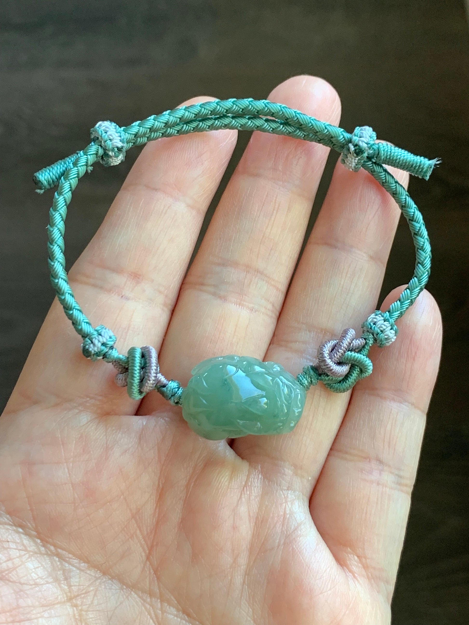 Natural Burmese Icy Translucent Gelatinous Pea Green Colored Jadeite Carved Pixiu Braided Rope Bracelet Adjustable up to 8” 天然缅甸冰胶豆绿翡翠貔貅手绳