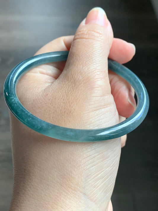 Certified Natural Guatemalan Icy Translucent Dark Teal Blue Jadeite Bangle Bracelet 59.1mm 5.6x6mm 17.47g 天然冰危蓝水翡翠细圆手镯 3248