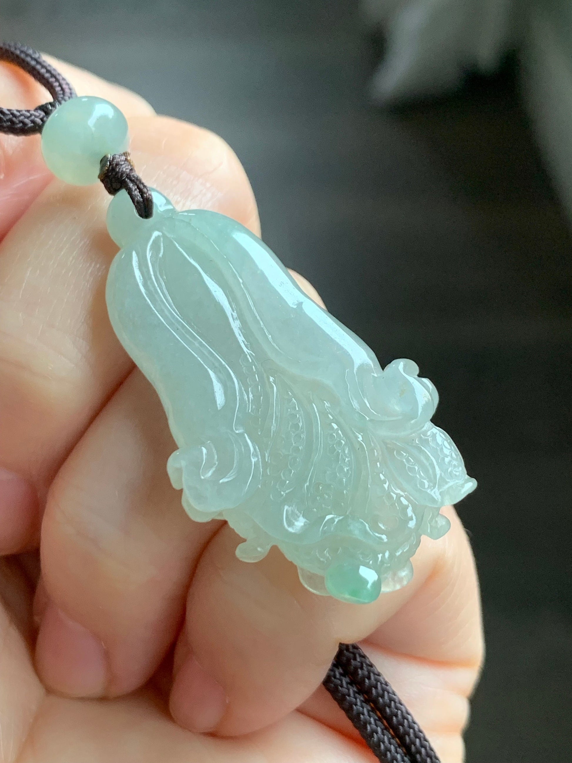 Natural Burmese Icy Translucent Gelatinous Light Green Jadeite w/ Green Marbling Cabbage Pendant Rope Necklace Adjustable 天然缅甸冰胶晴色翡翠白菜百财吊坠