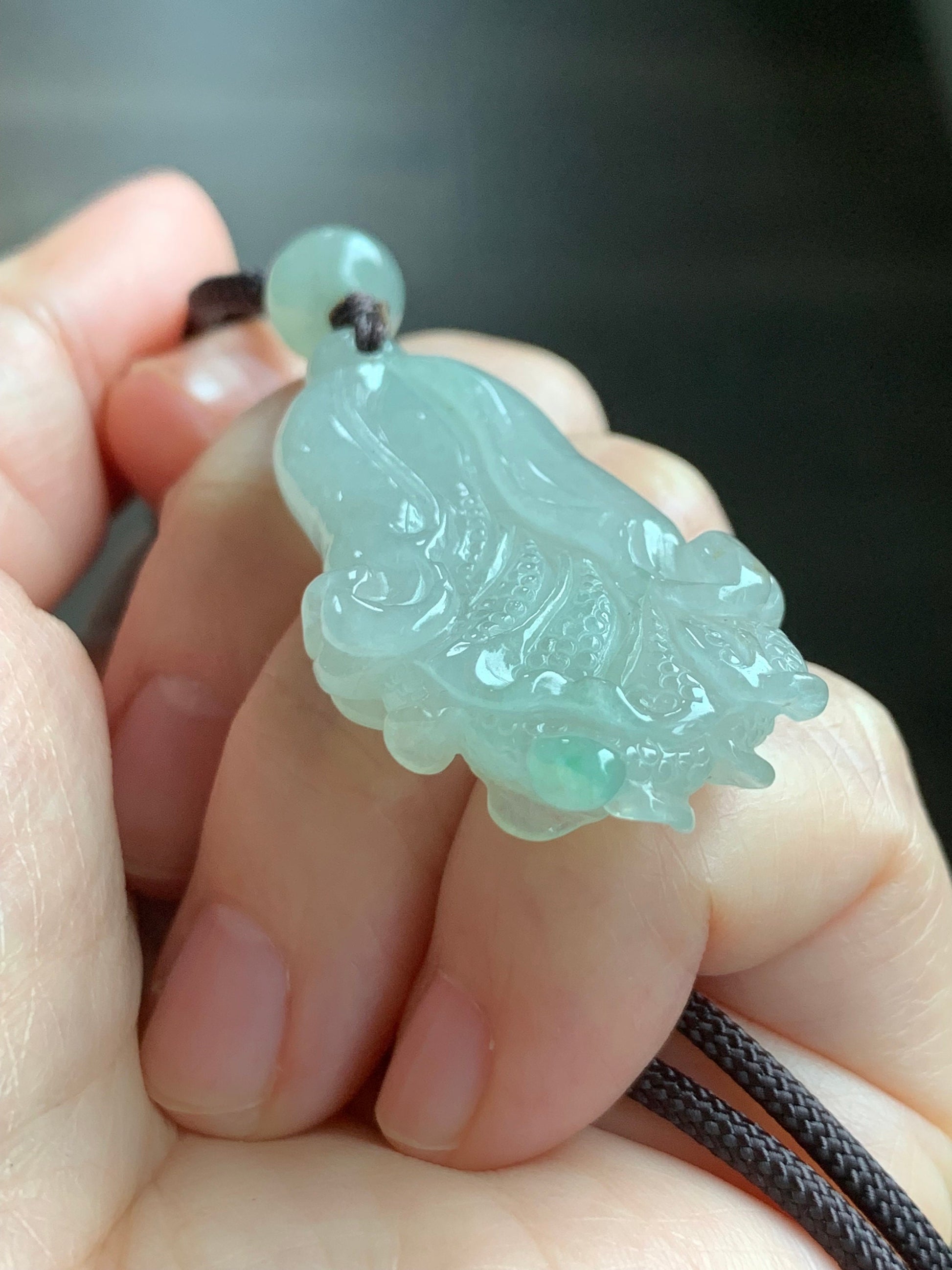 Natural Burmese Icy Translucent Gelatinous Light Green Jadeite w/ Green Marbling Cabbage Pendant Rope Necklace Adjustable 天然缅甸冰胶晴色翡翠白菜百财吊坠