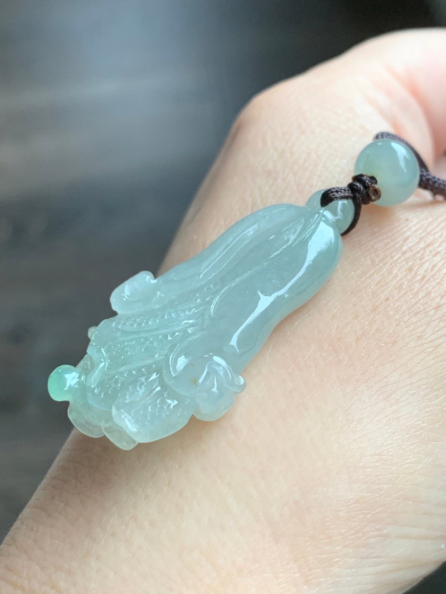 Natural Burmese Icy Translucent Gelatinous Light Green Jadeite w/ Green Marbling Cabbage Pendant Rope Necklace Adjustable 天然缅甸冰胶晴色翡翠白菜百财吊坠