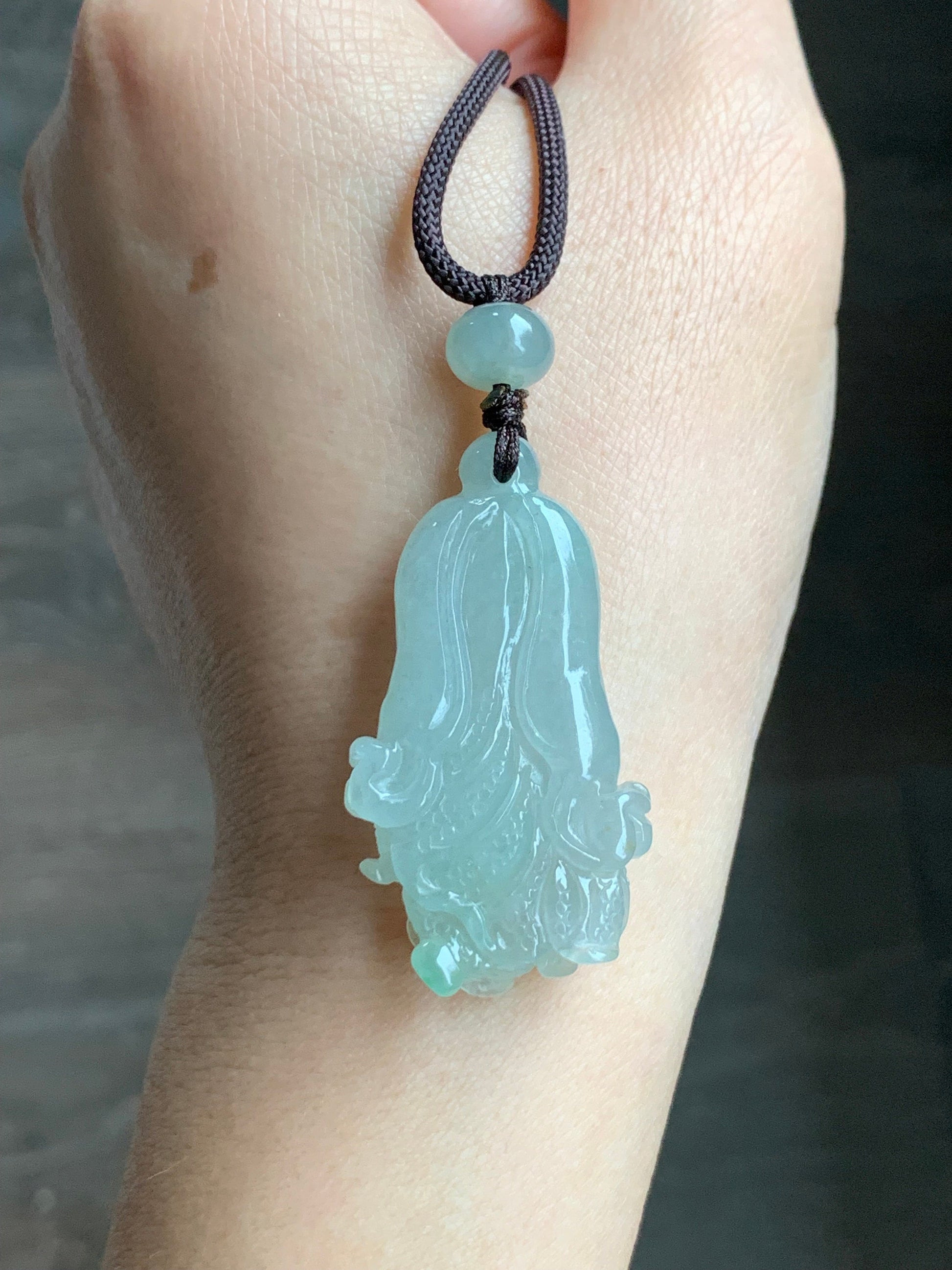 Natural Burmese Icy Translucent Gelatinous Light Green Jadeite w/ Green Marbling Cabbage Pendant Rope Necklace Adjustable 天然缅甸冰胶晴色翡翠白菜百财吊坠