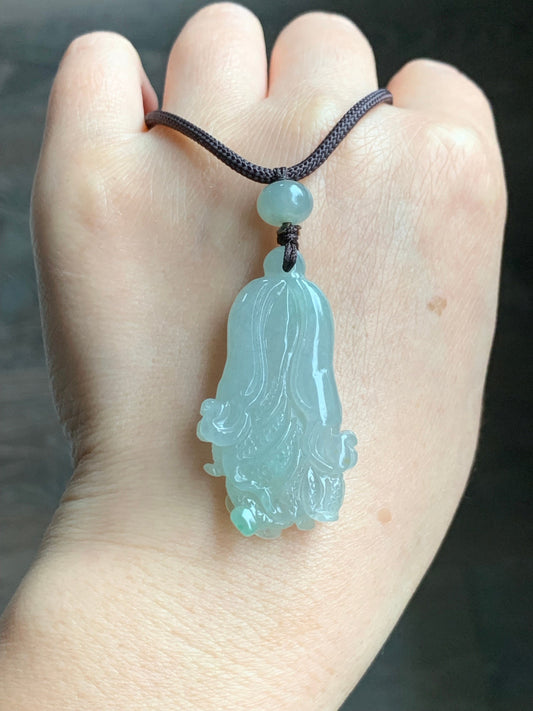 Natural Burmese Icy Translucent Gelatinous Light Green Jadeite w/ Green Marbling Cabbage Pendant Rope Necklace Adjustable 天然缅甸冰胶晴色翡翠白菜百财吊坠