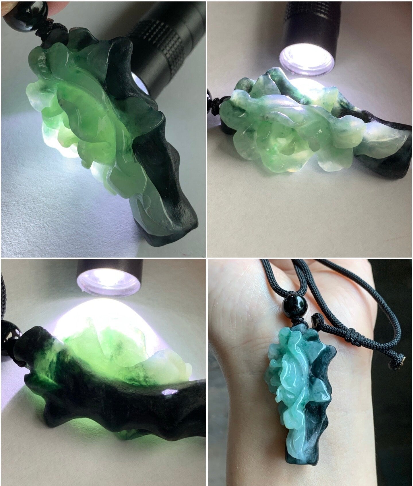 Natural Burmese Icy Translucent Bicolored Jadeite Carved Magnolia Tree Branch Flower Rope Necklace Adjustable 27” 23g 天然缅甸墨翠加冰晴飘绿花翡翠枯木逢春挂件