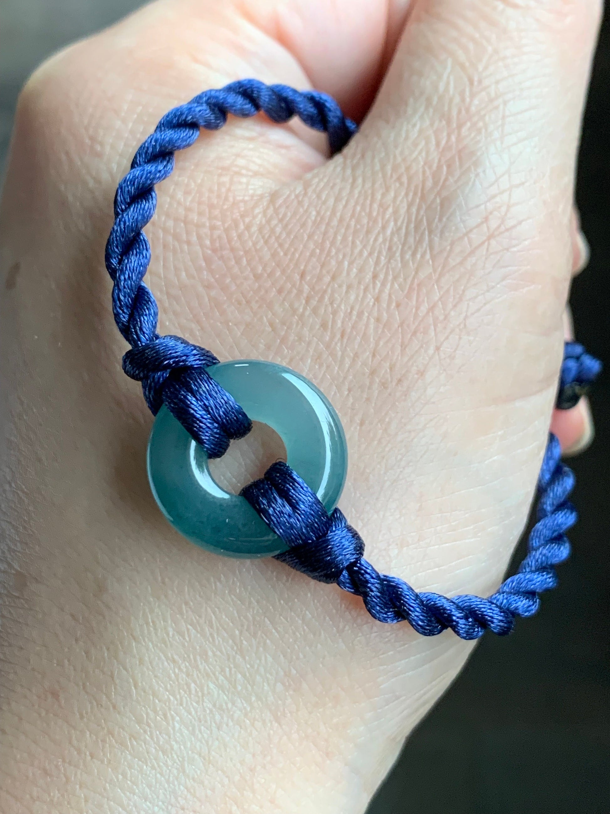 Natural Guatemalan Icy Translucent Teal Blue Jadeite Ping An Kou Donut Ring & Cherry Blossom Button Rope Bracelet 7" 天然冰危蓝水翡翠平安扣梅花手绳