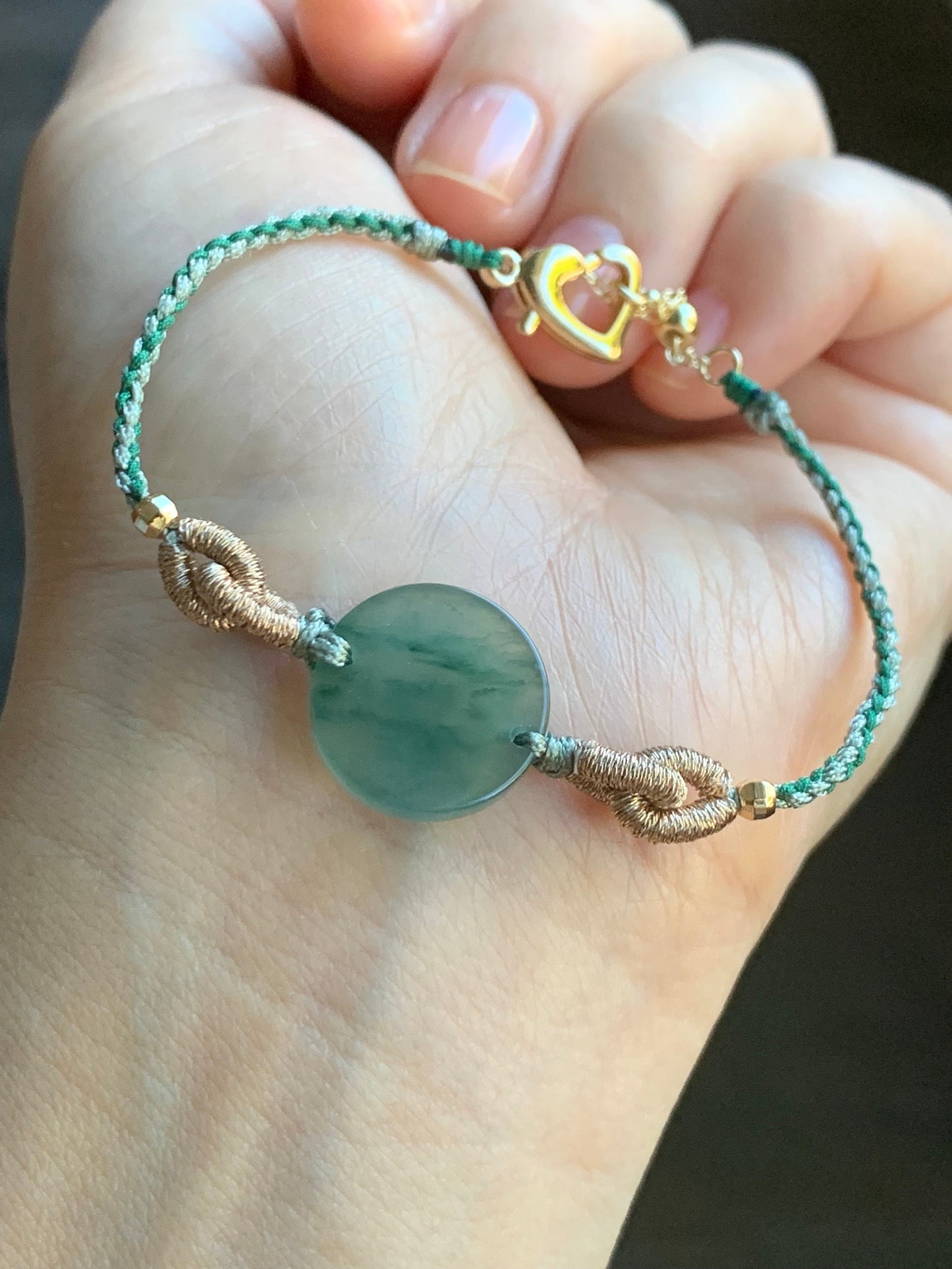 Natural Guatemalan Icy Highly Translucent Teal Blue Marbled Jadeite Disc Wu Shi Pai Rope Bracelet 6" Adjustable Gold Plated 天然冰危蓝飘花翡翠无事牌包金手绳