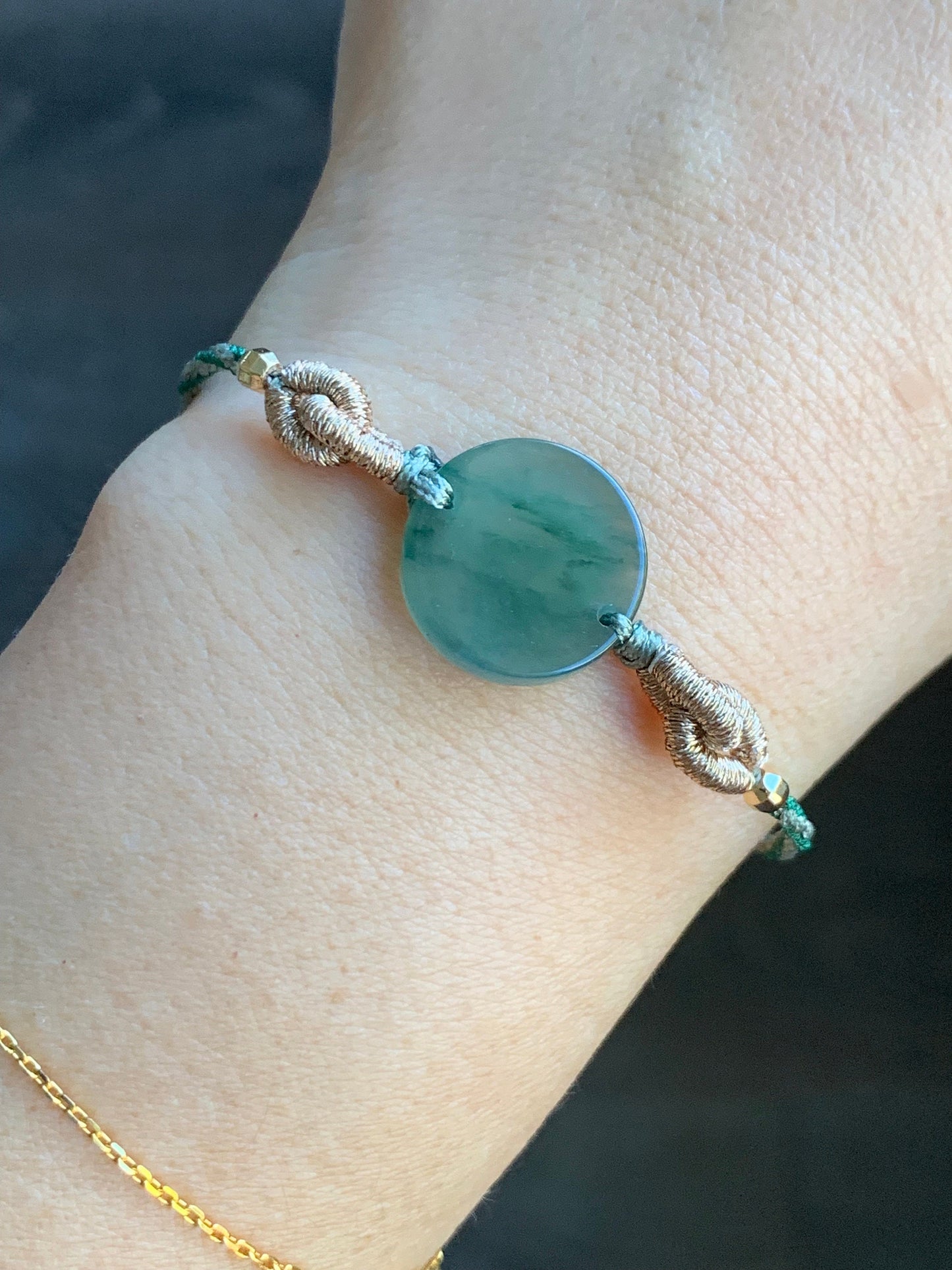 Natural Guatemalan Icy Highly Translucent Teal Blue Marbled Jadeite Disc Wu Shi Pai Rope Bracelet 6" Adjustable Gold Plated 天然冰危蓝飘花翡翠无事牌包金手绳