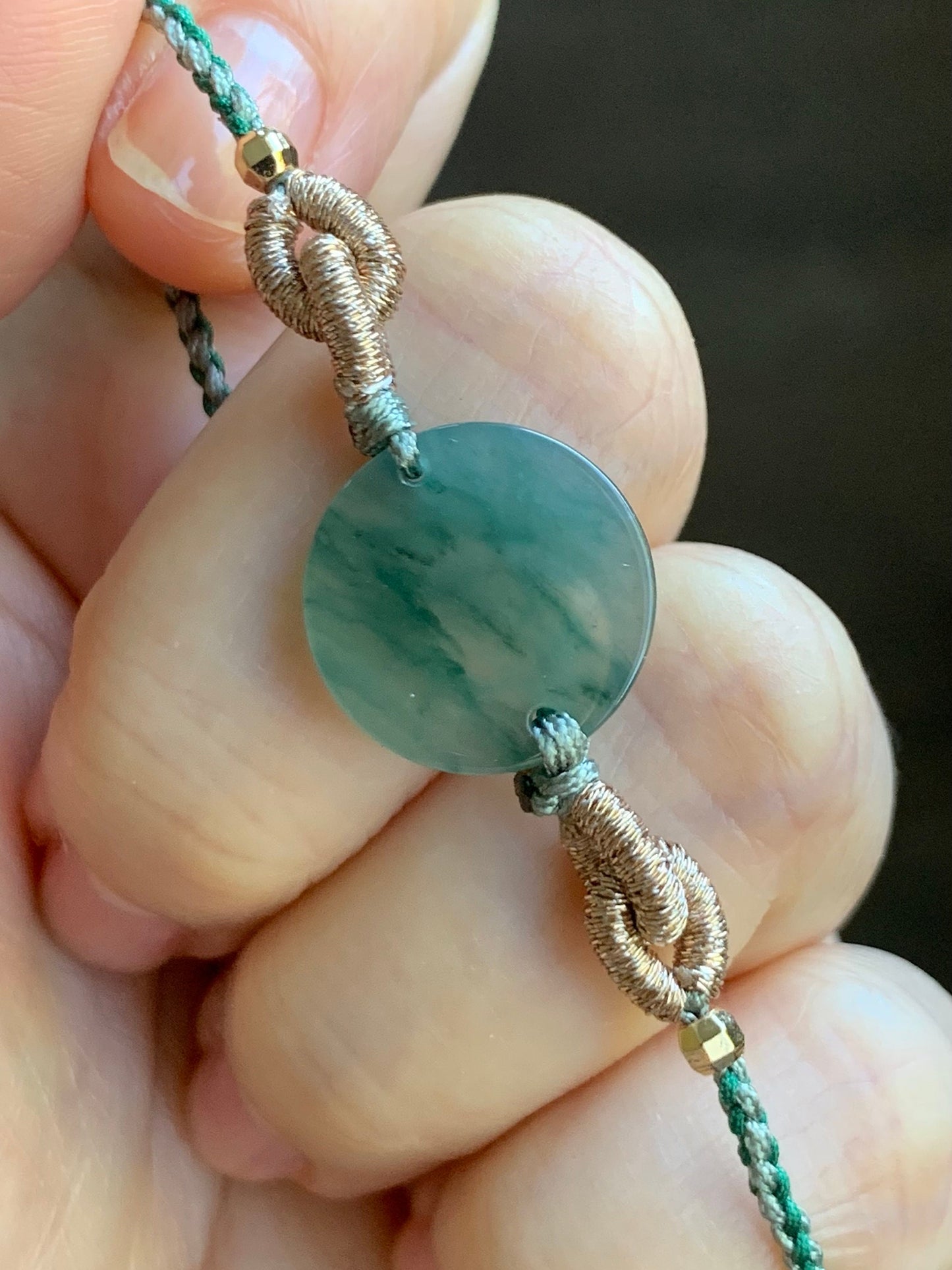 Natural Guatemalan Icy Highly Translucent Teal Blue Marbled Jadeite Disc Wu Shi Pai Rope Bracelet 6" Adjustable Gold Plated 天然冰危蓝飘花翡翠无事牌包金手绳