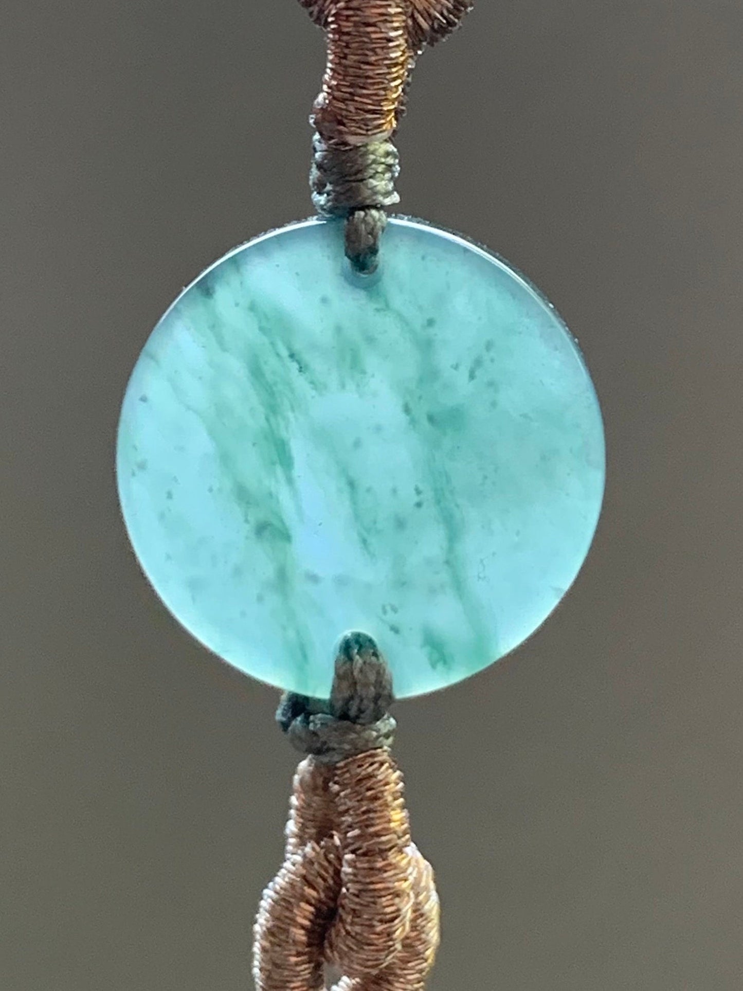 Natural Guatemalan Icy Highly Translucent Teal Blue Marbled Jadeite Disc Wu Shi Pai Rope Bracelet 6" Adjustable Gold Plated 天然冰危蓝飘花翡翠无事牌包金手绳