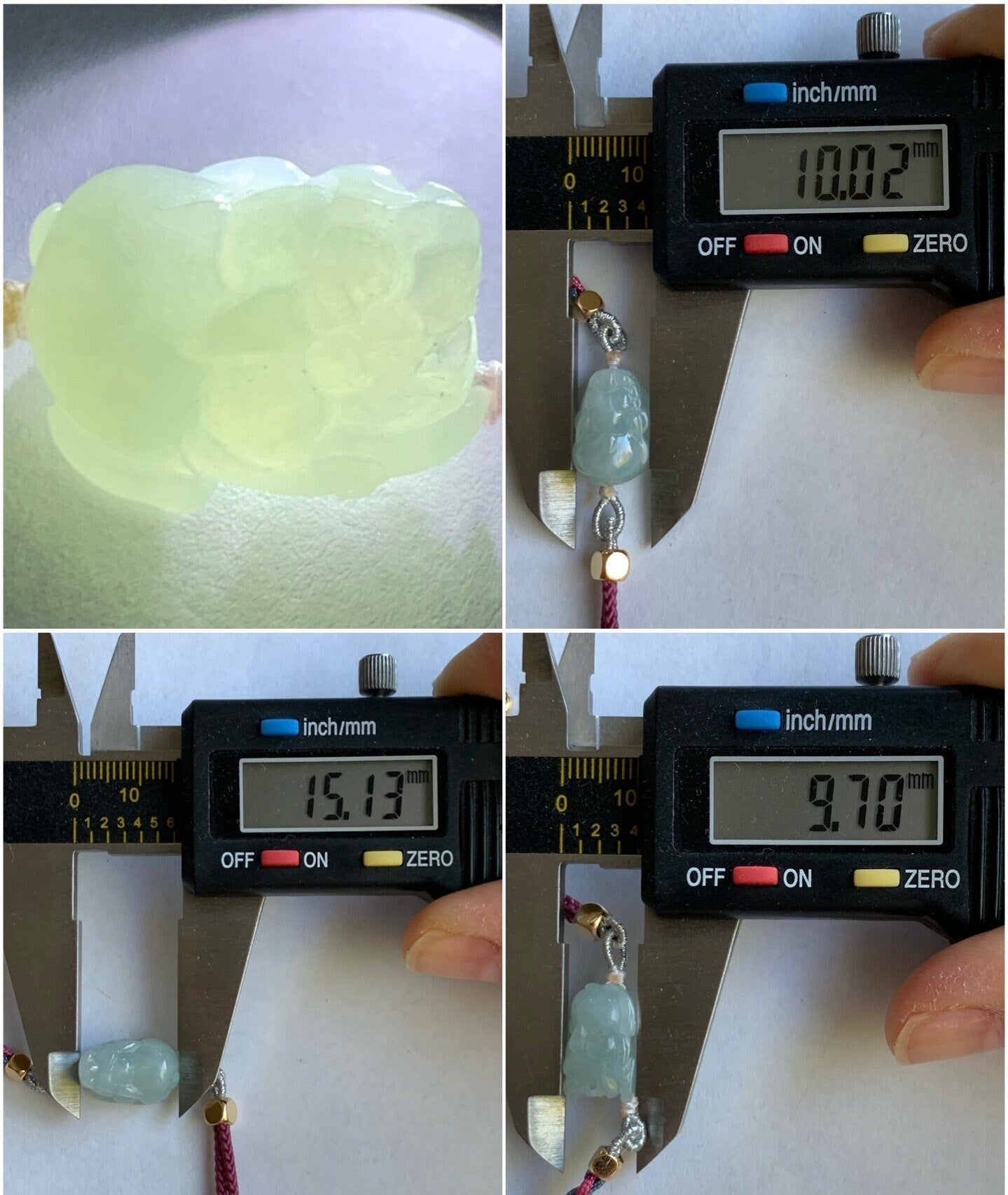 Natural Burmese Icy Translucent Gelatinous Pale Blue Jadeite Pixiu Rope Bracelet Adjustable 5" to 6.75" 天然缅甸冰胶淡蓝翡翠貔貅手绳