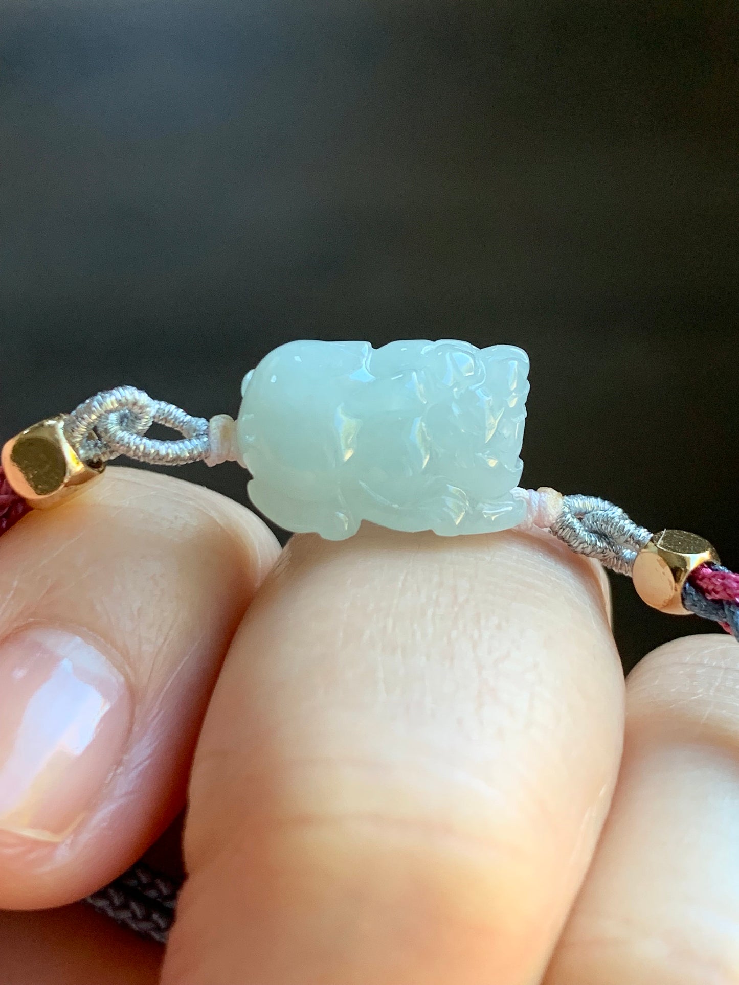 Natural Burmese Icy Translucent Gelatinous Pale Blue Jadeite Pixiu Rope Bracelet Adjustable 5" to 6.75" 天然缅甸冰胶淡蓝翡翠貔貅手绳