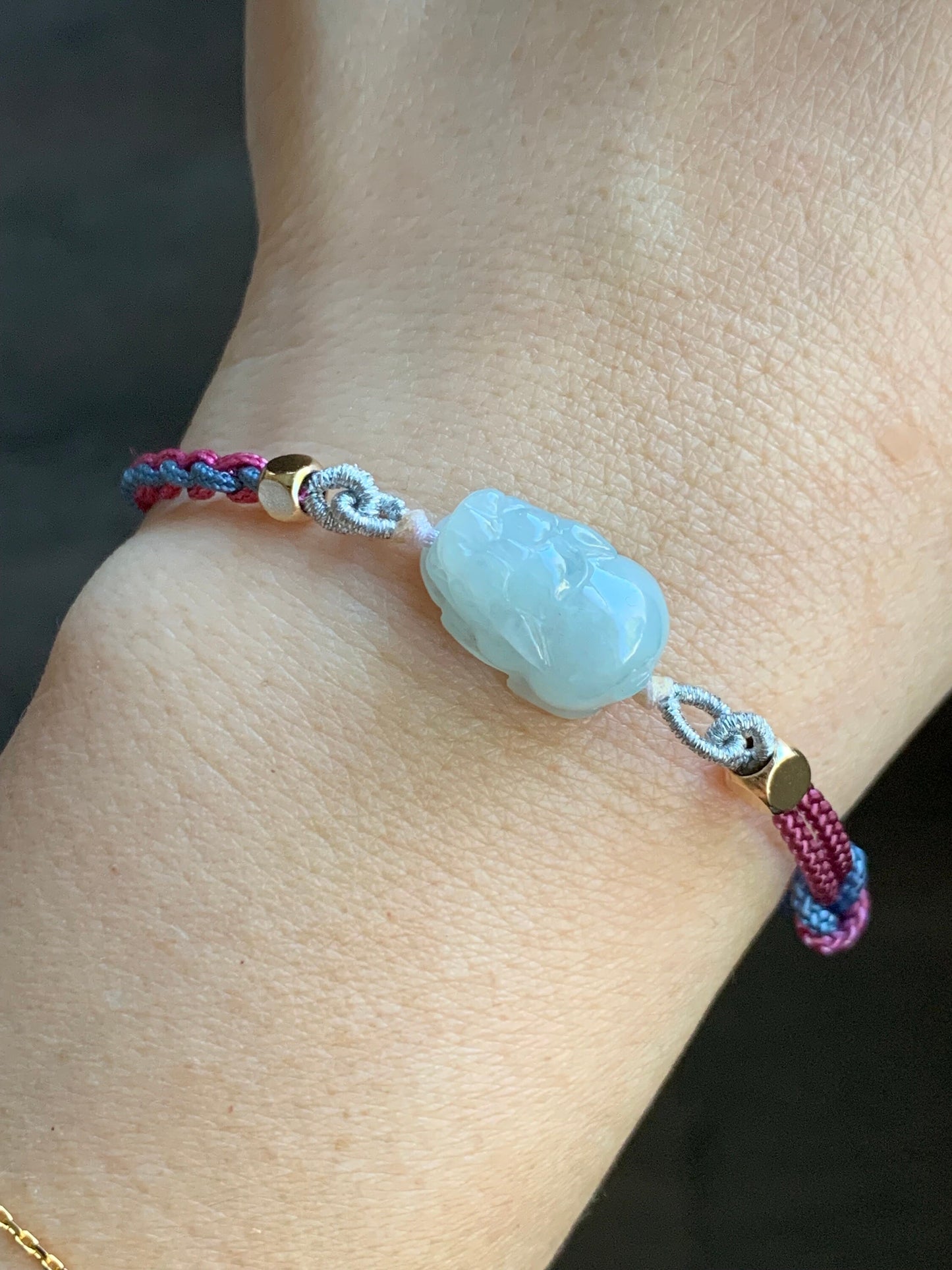 Natural Burmese Icy Translucent Gelatinous Pale Blue Jadeite Pixiu Rope Bracelet Adjustable 5" to 6.75" 天然缅甸冰胶淡蓝翡翠貔貅手绳