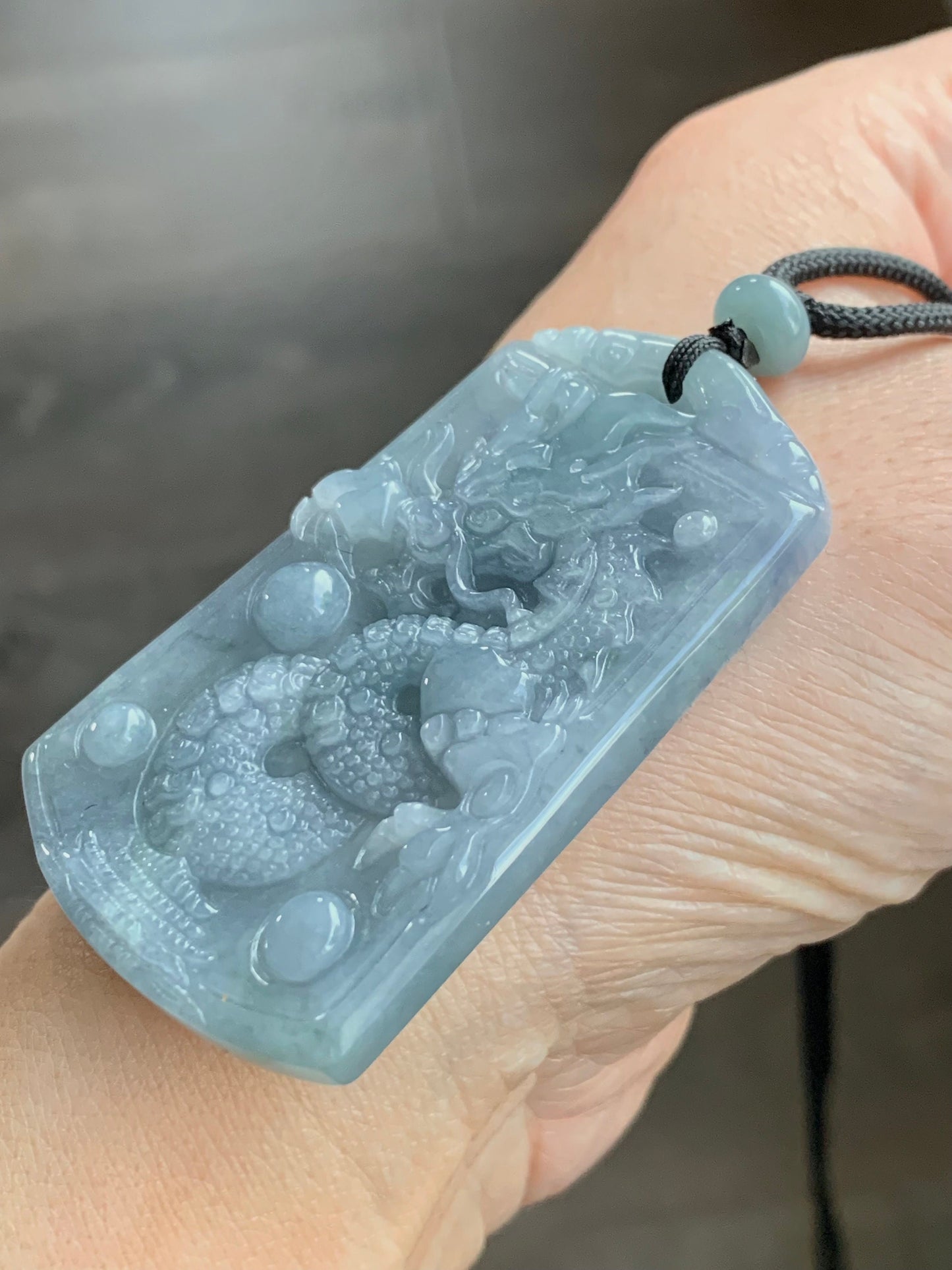 Certified Natural Guatemalan Icy Translucent Light Dusty Blue Jadeite Carved Dragon Pendant Rope Necklace 33" Adjustable 天然冰危蓝紫翡翠龙牌吊坠 3272