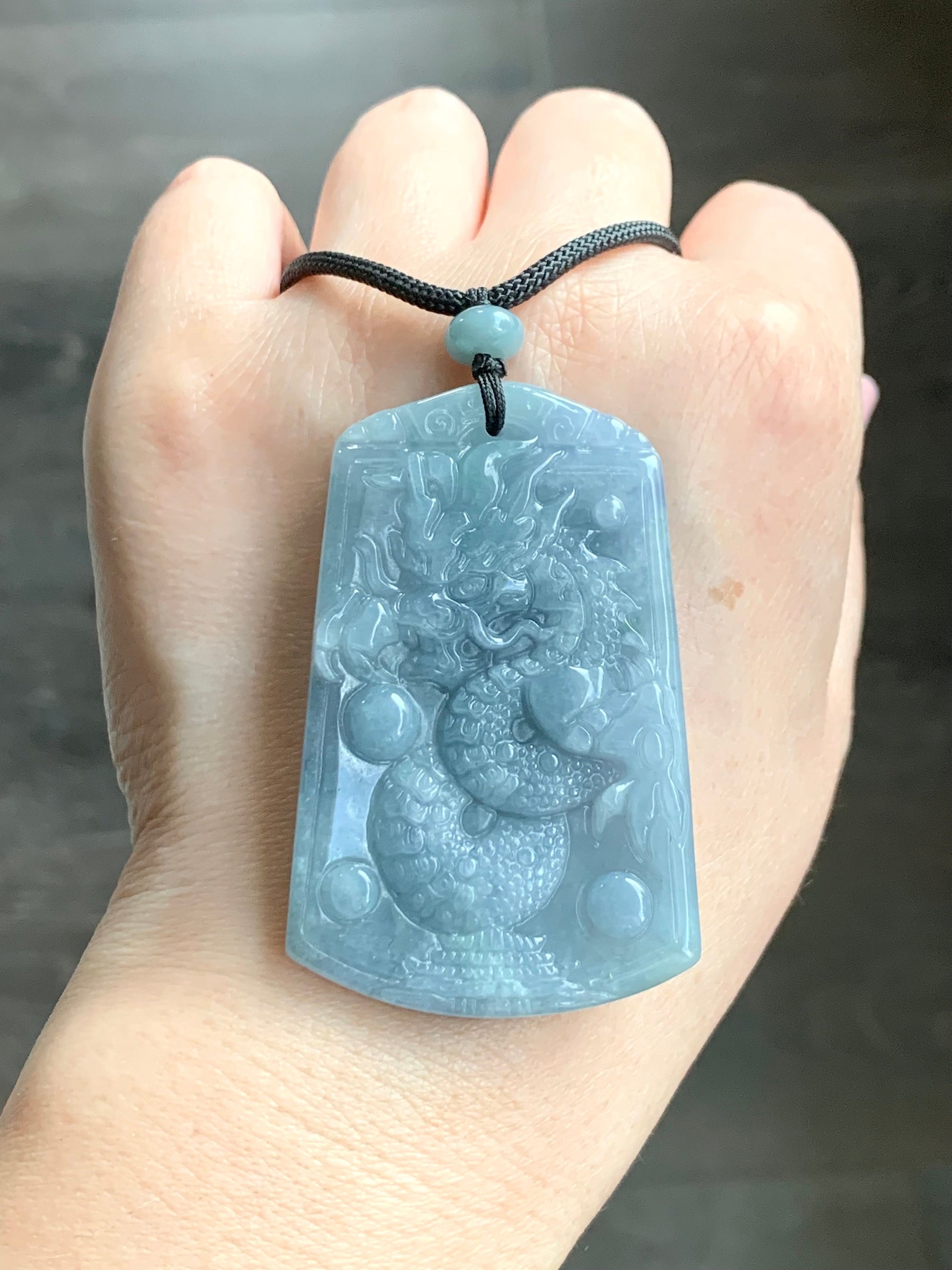 Certified Natural Guatemalan Icy Translucent Light Dusty Blue Jadeite Carved Dragon Pendant Rope Necklace 33" Adjustable 天然冰危蓝紫翡翠龙牌吊坠 3272