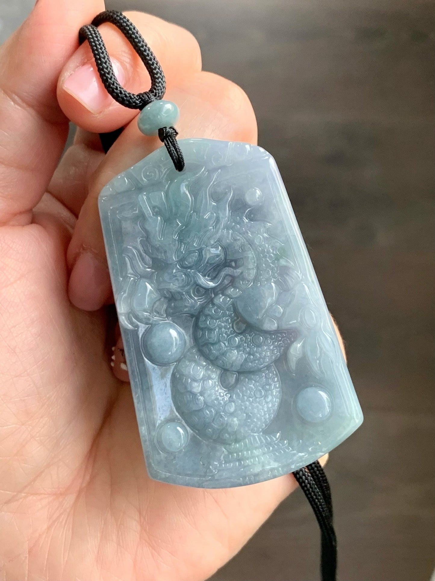 Certified Natural Guatemalan Icy Translucent Light Dusty Blue Jadeite Carved Dragon Pendant Rope Necklace 33" Adjustable 天然冰危蓝紫翡翠龙牌吊坠 3272