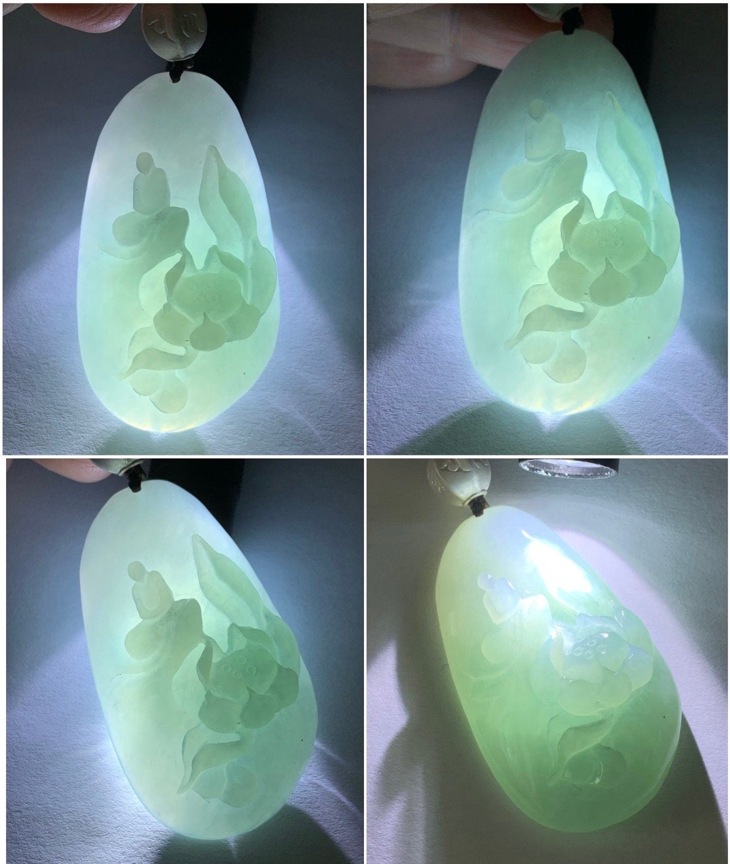 Natural Burmese Icy Translucent Light Blue Jadeite Wu Dao Lotus Flower Enlightenment Pendant Necklace Sterling Silver 33g 天然缅甸冰胶淡蓝翡翠莲花悟道足银吊坠