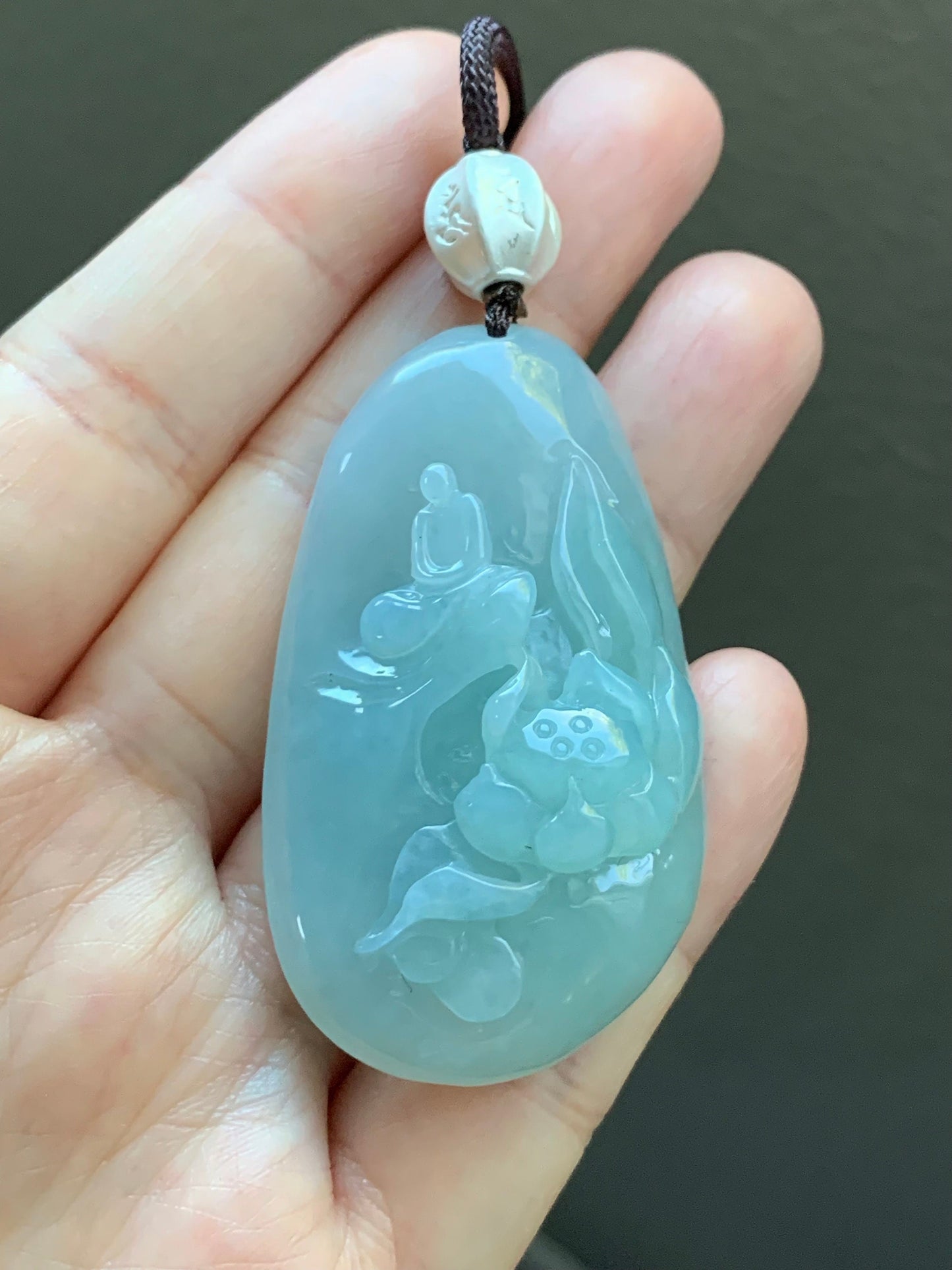 Natural Burmese Icy Translucent Light Blue Jadeite Wu Dao Lotus Flower Enlightenment Pendant Necklace Sterling Silver 33g 天然缅甸冰胶淡蓝翡翠莲花悟道足银吊坠