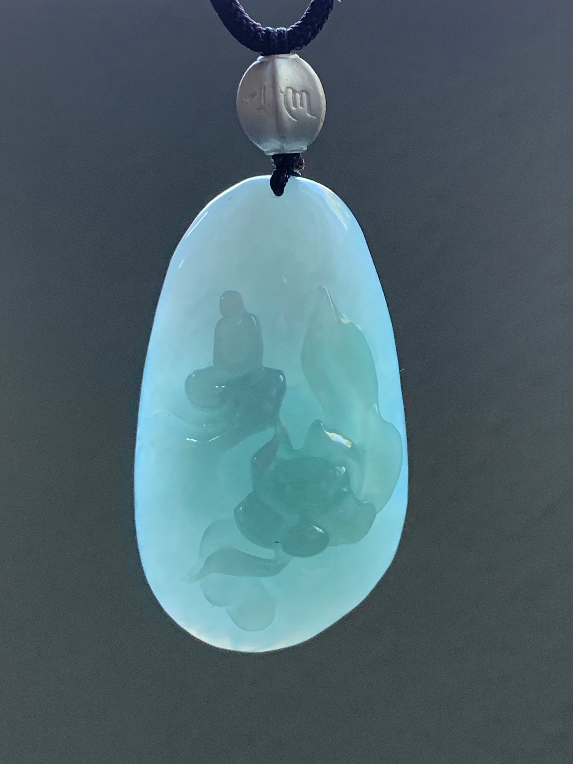 Natural Burmese Icy Translucent Light Blue Jadeite Wu Dao Lotus Flower Enlightenment Pendant Necklace Sterling Silver 33g 天然缅甸冰胶淡蓝翡翠莲花悟道足银吊坠