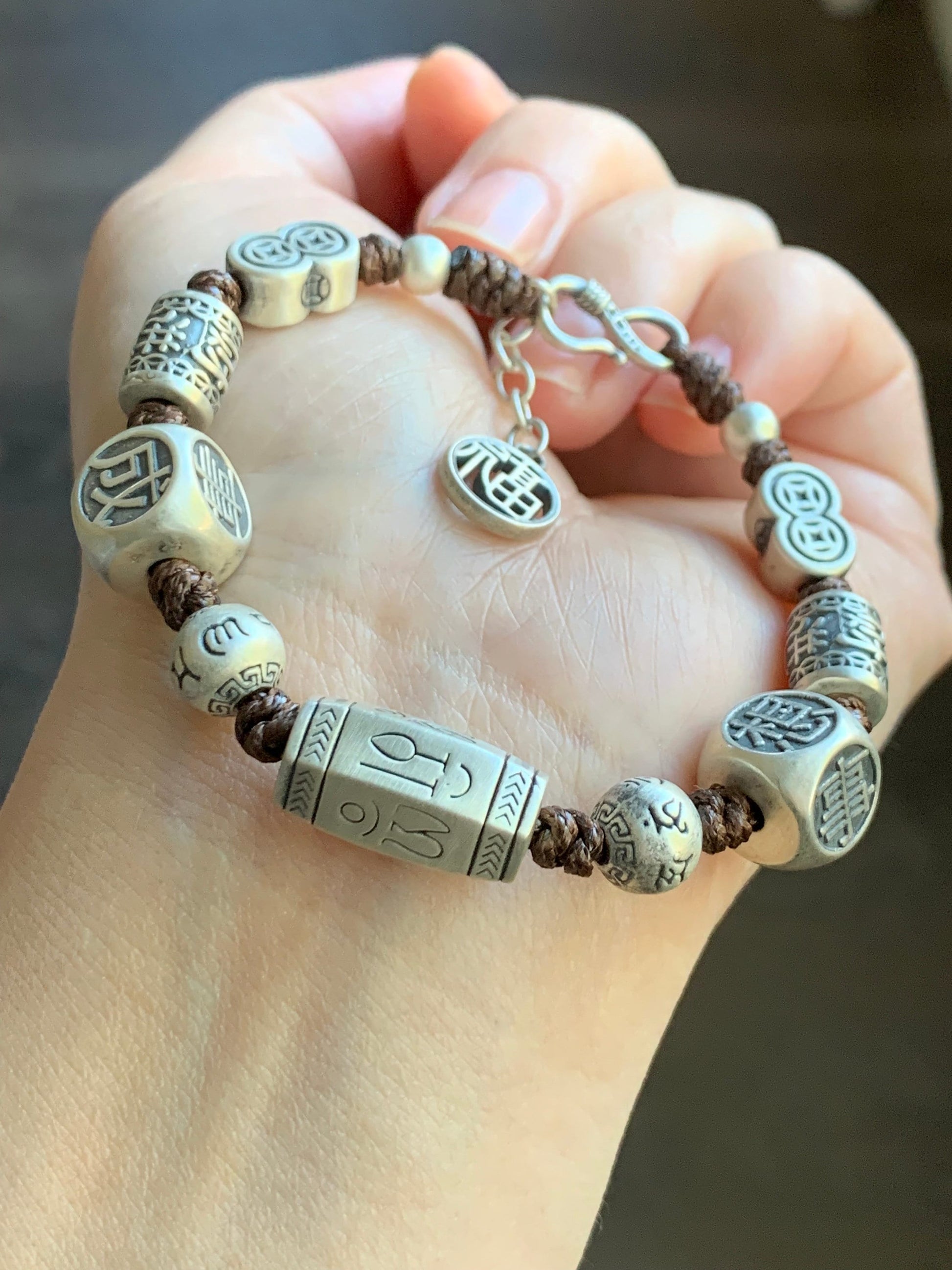 999 Sterling Silver Blessing Charms Bracelet Satin Finish Adjustable 7"-7.75" 12 grams 纯足银999心想事成招财进宝磨砂珠手串