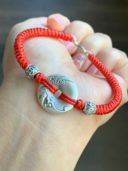 Solid 999 Sterling Silver Pixiu Engraved Ping An Kou Donut Blessing Amulet Red or Black Rope Bracelet 6.75” 13 grams 999足银手工貔貅平安扣纳福招财手绳