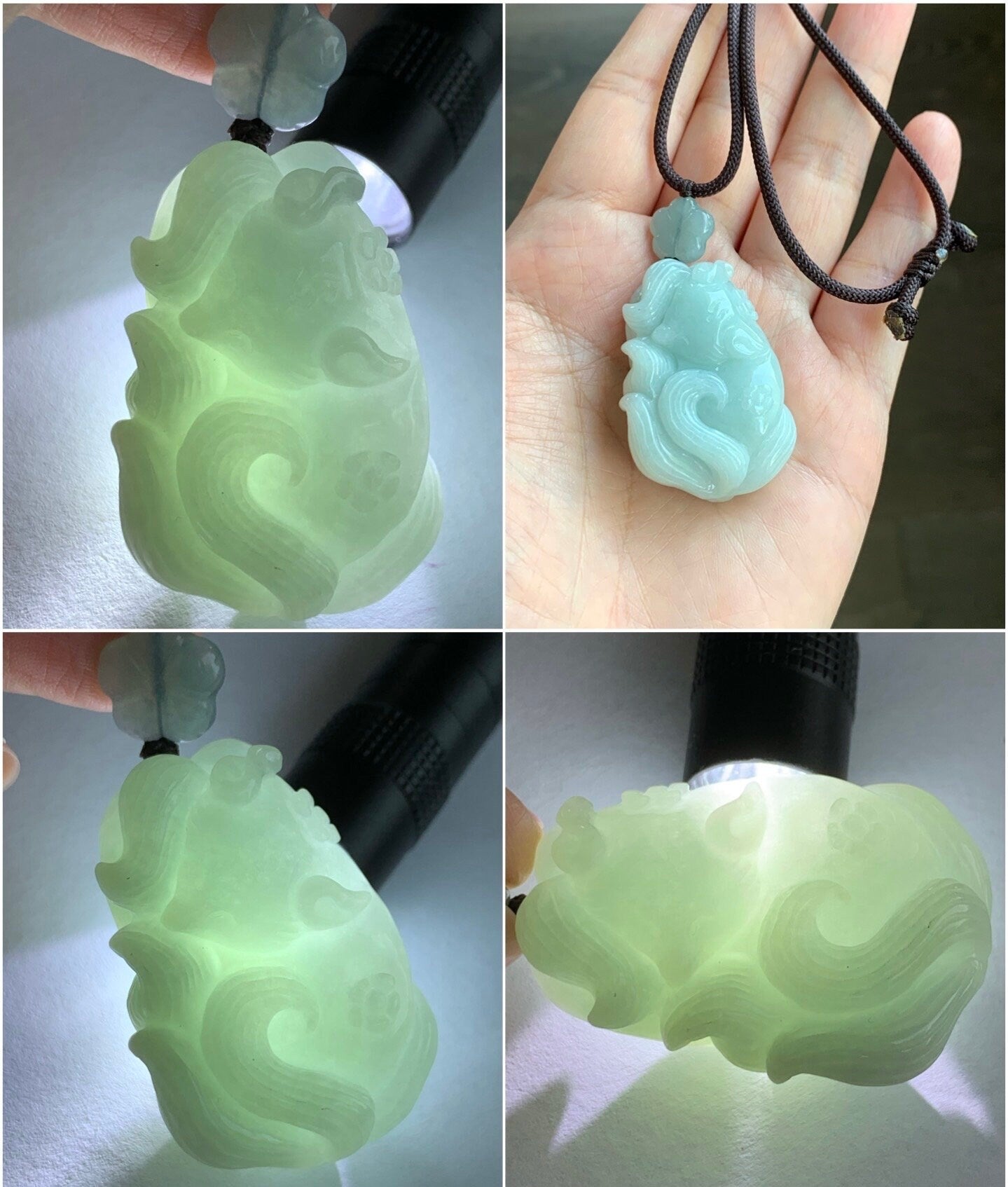 LARGE Natural Burmese Translucent Light Blue Jadeite 3D Carved Sleeping Nine-Tailed Fox Pendant Rope Necklace 25” 28g 天然缅甸糯冰浅蓝翡翠九尾睡狐吊坠