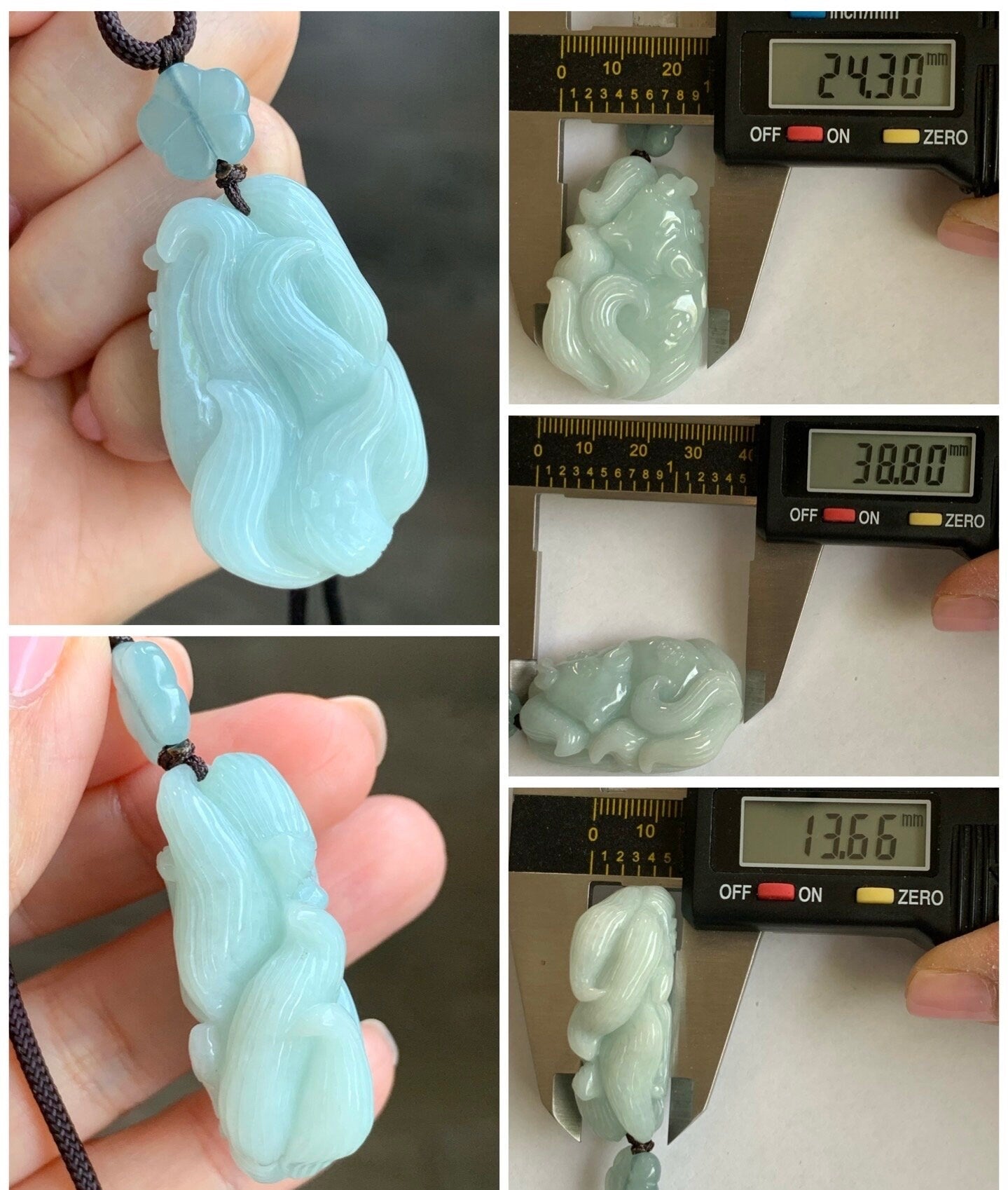 LARGE Natural Burmese Translucent Light Blue Jadeite 3D Carved Sleeping Nine-Tailed Fox Pendant Rope Necklace 25” 28g 天然缅甸糯冰浅蓝翡翠九尾睡狐吊坠