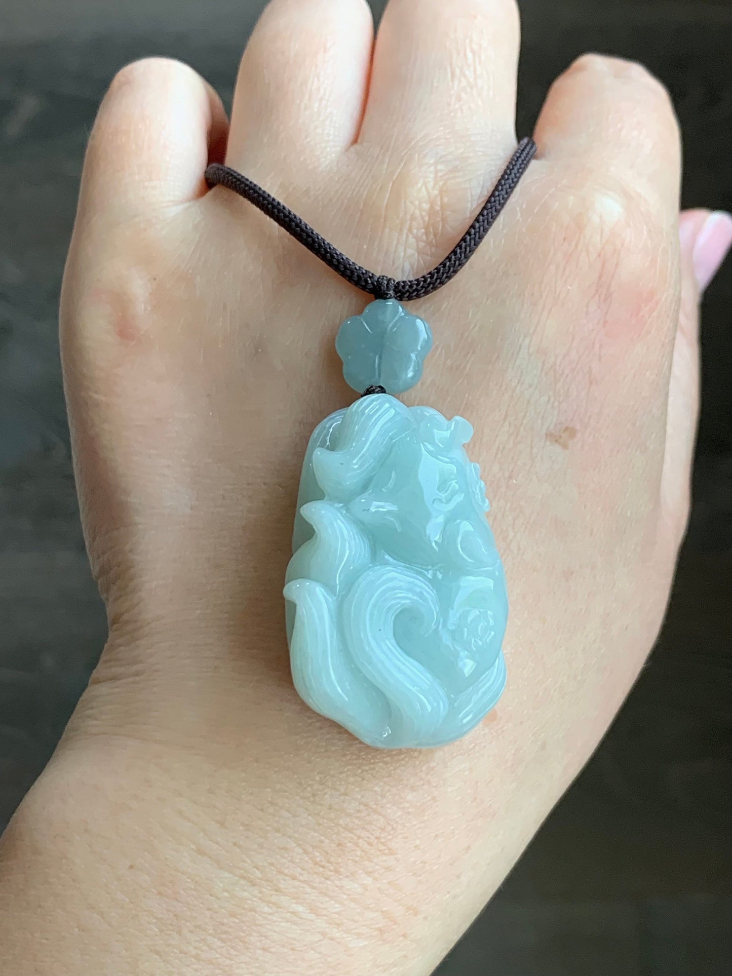 LARGE Natural Burmese Translucent Light Blue Jadeite 3D Carved Sleeping Nine-Tailed Fox Pendant Rope Necklace 25” 28g 天然缅甸糯冰浅蓝翡翠九尾睡狐吊坠