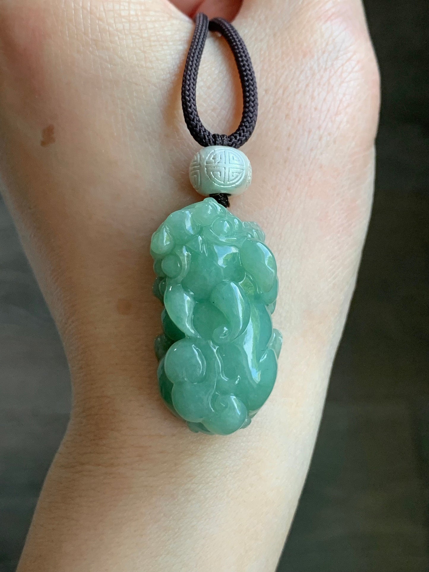 Large Natural Burmese Icy Translucent Light Green Jadeite Pixiu Pendant 999 Sterling Silver Bead Rope Necklace 25” 21g 天然缅甸糯冰绿翡翠貔貅足银顶珠吊坠项链