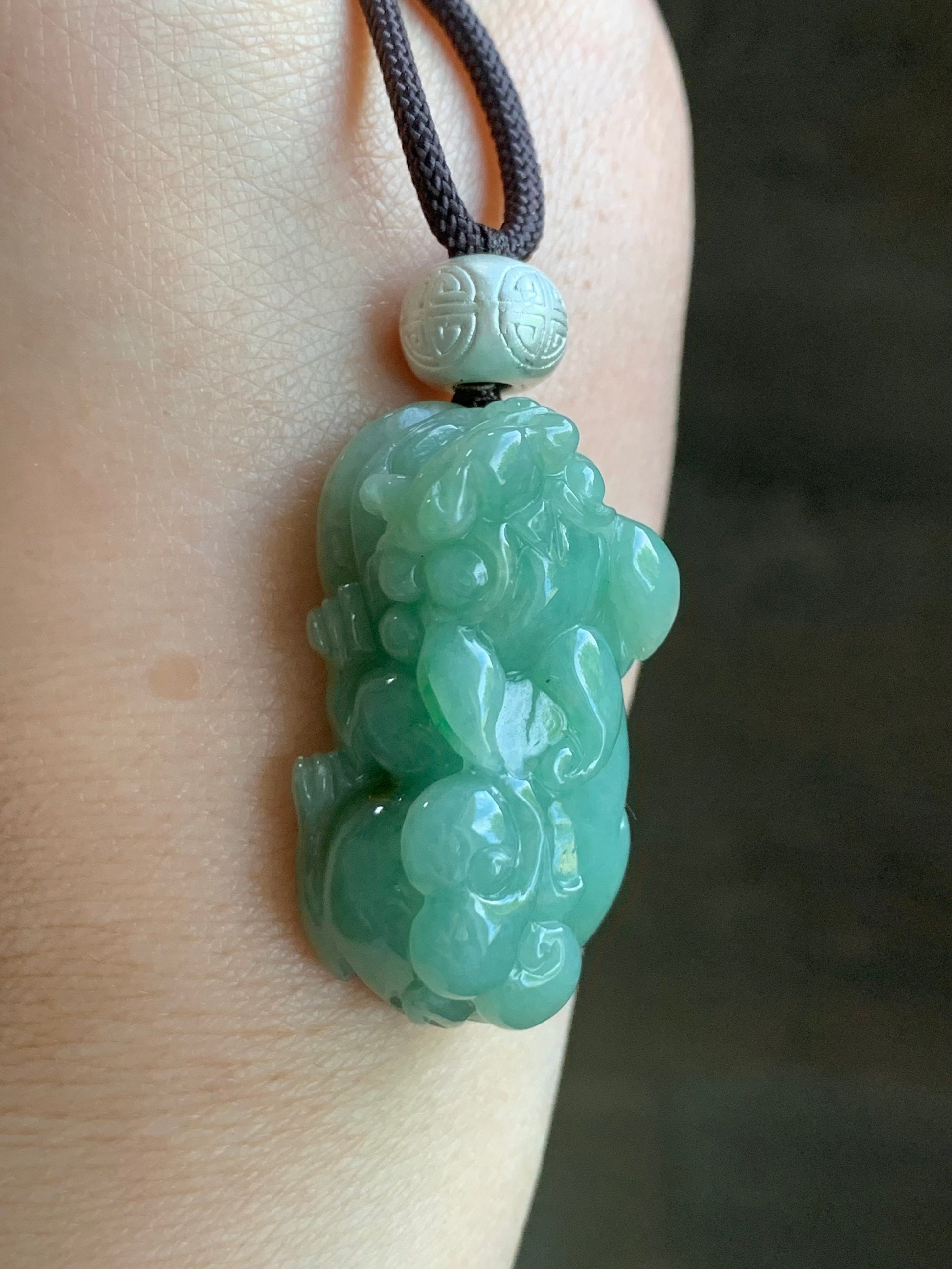 Large Natural Burmese Icy Translucent Light Green Jadeite Pixiu Pendant 999 Sterling Silver Bead Rope Necklace 25” 21g 天然缅甸糯冰绿翡翠貔貅足银顶珠吊坠项链