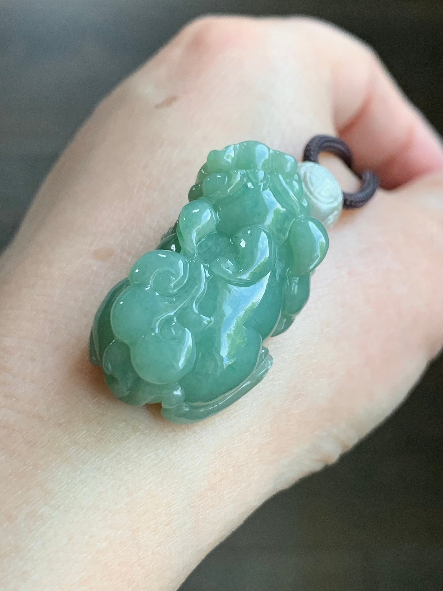 Large Natural Burmese Icy Translucent Light Green Jadeite Pixiu Pendant 999 Sterling Silver Bead Rope Necklace 25” 21g 天然缅甸糯冰绿翡翠貔貅足银顶珠吊坠项链