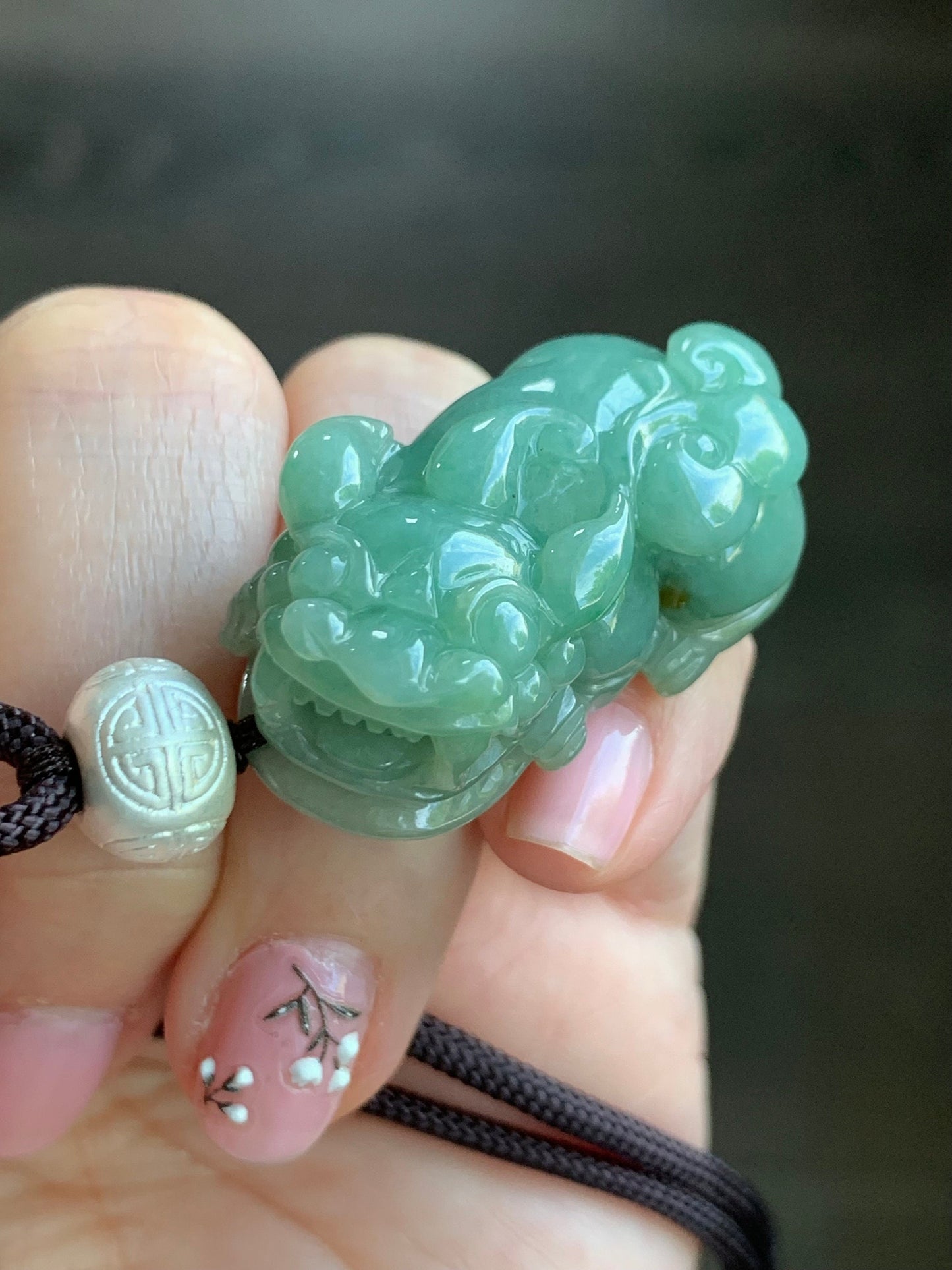 Large Natural Burmese Icy Translucent Light Green Jadeite Pixiu Pendant 999 Sterling Silver Bead Rope Necklace 25” 21g 天然缅甸糯冰绿翡翠貔貅足银顶珠吊坠项链