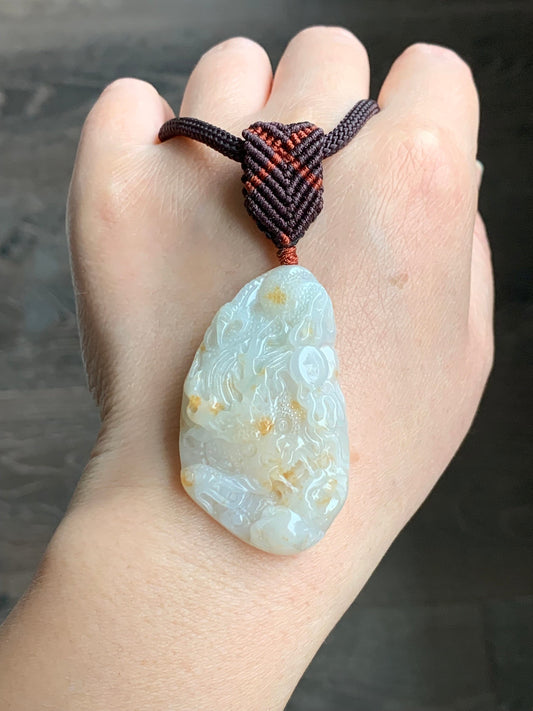 Natural Burmese Icy Translucent Beige Jadeite w/ Orange Marbling Carved Dragon Double Sided Pendant Rope Necklace 24" 27g 天然缅甸桂花糕翡翠精工龙牌双面雕吊坠