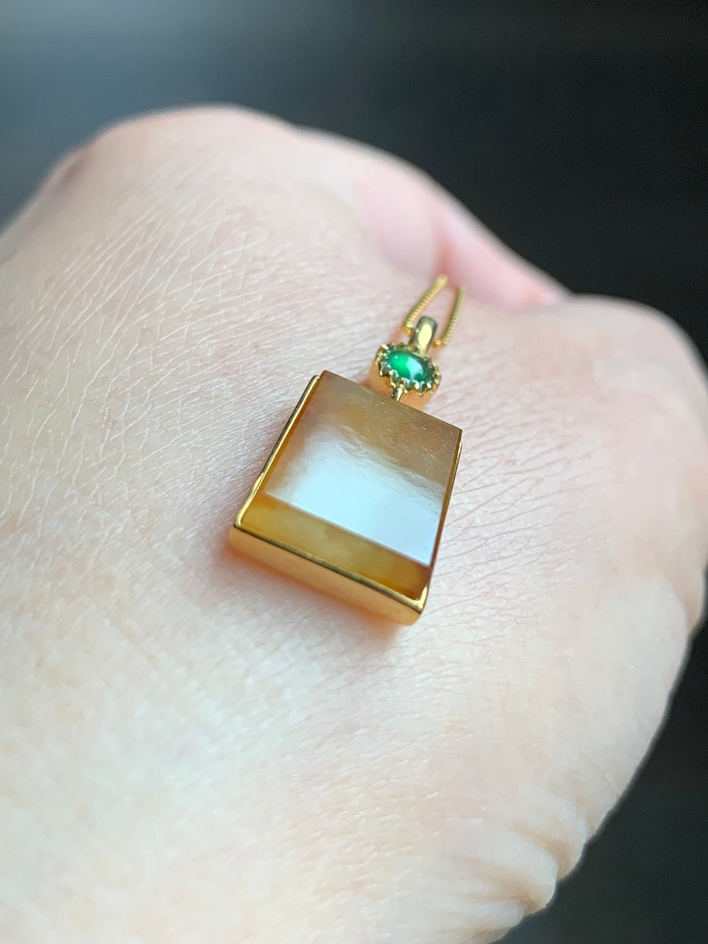 Certified Natural Burmese Icy Translucent Vibrant Yellow Wu Shi Pai Jadeite Trapezoid Shaped Pendant 18K Yellow Gold 天然缅甸起冰油黄翡翠无事牌镶嵌吊坠 3292